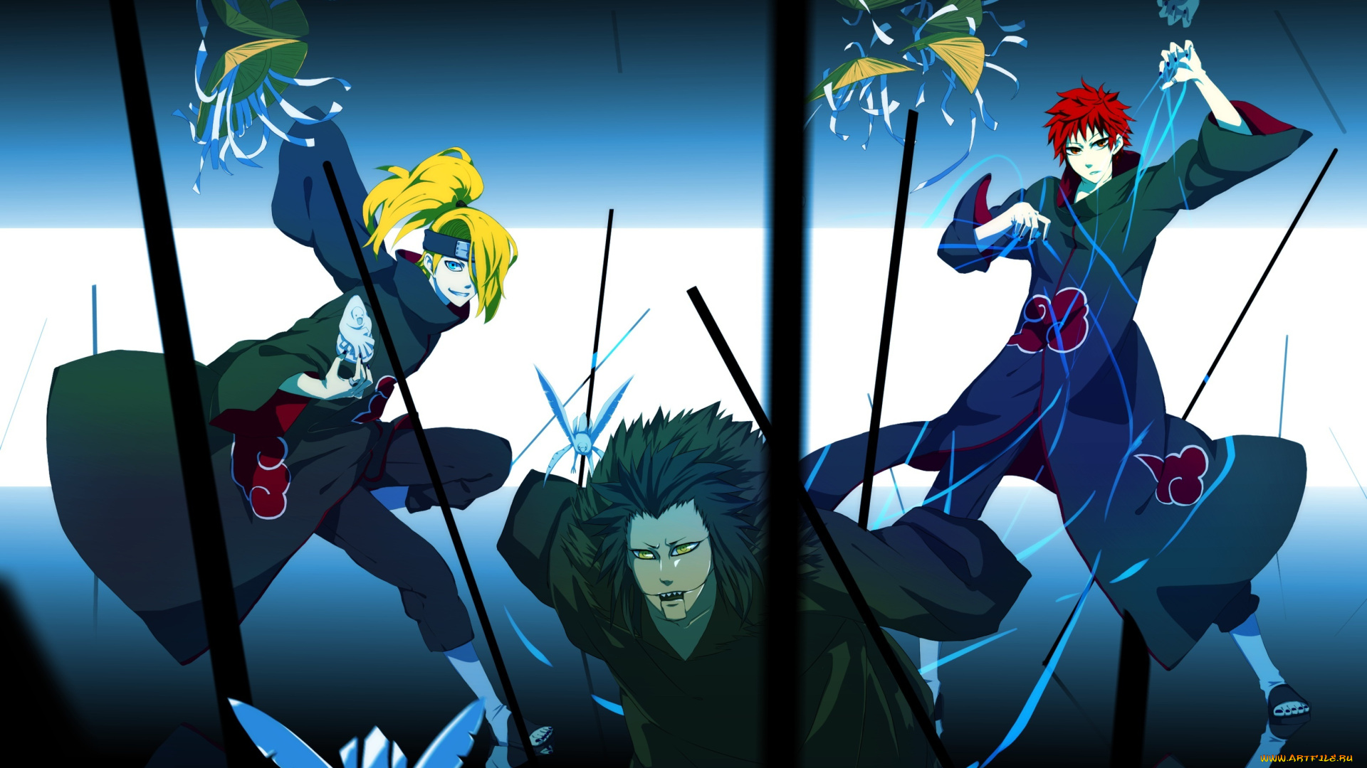 аниме, naruto, akatsuki, сражение, кукла, sasori, птицы, art, deidara