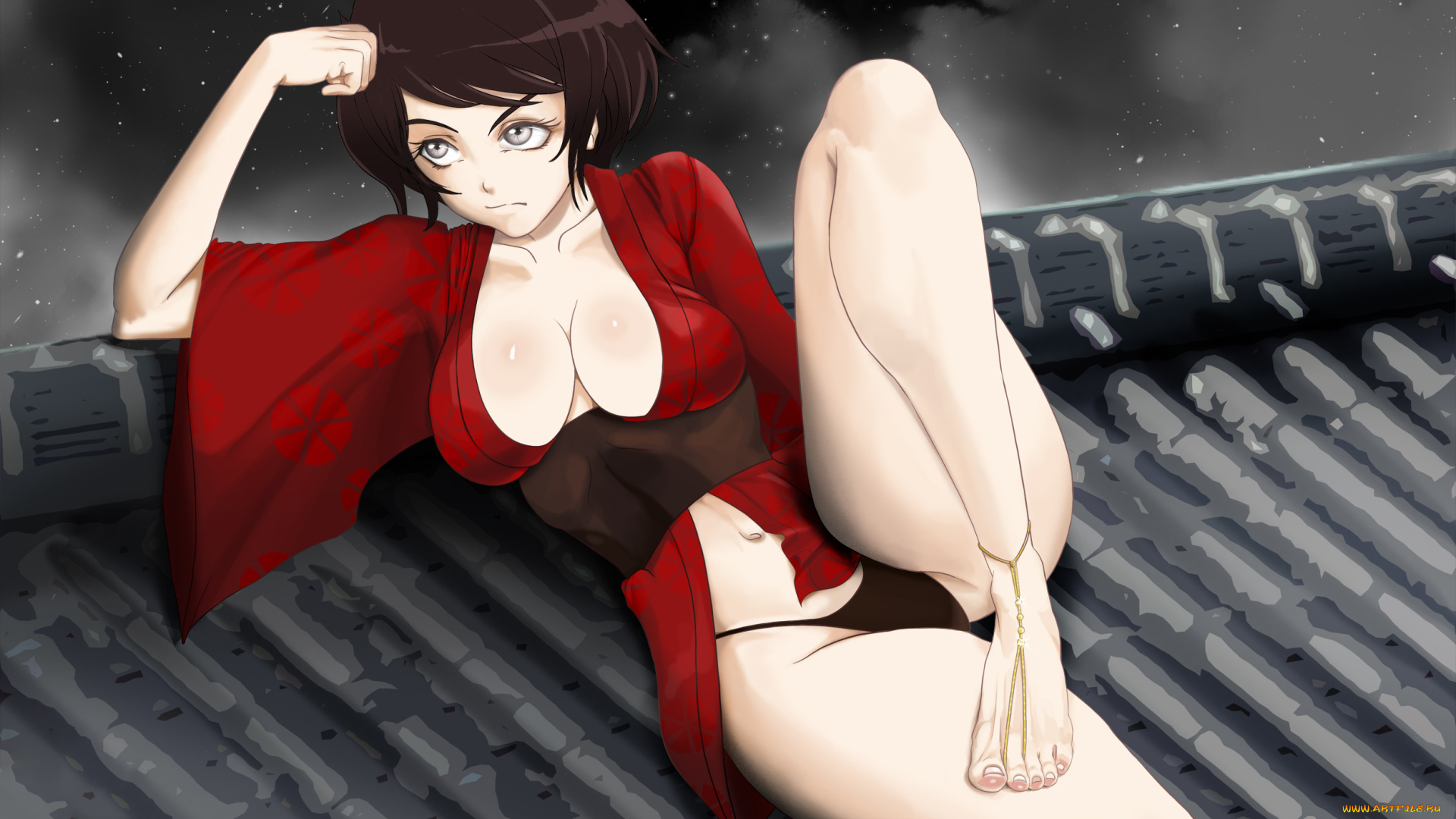 аниме, red, ninja, кимоно, девушка, фон, крыша