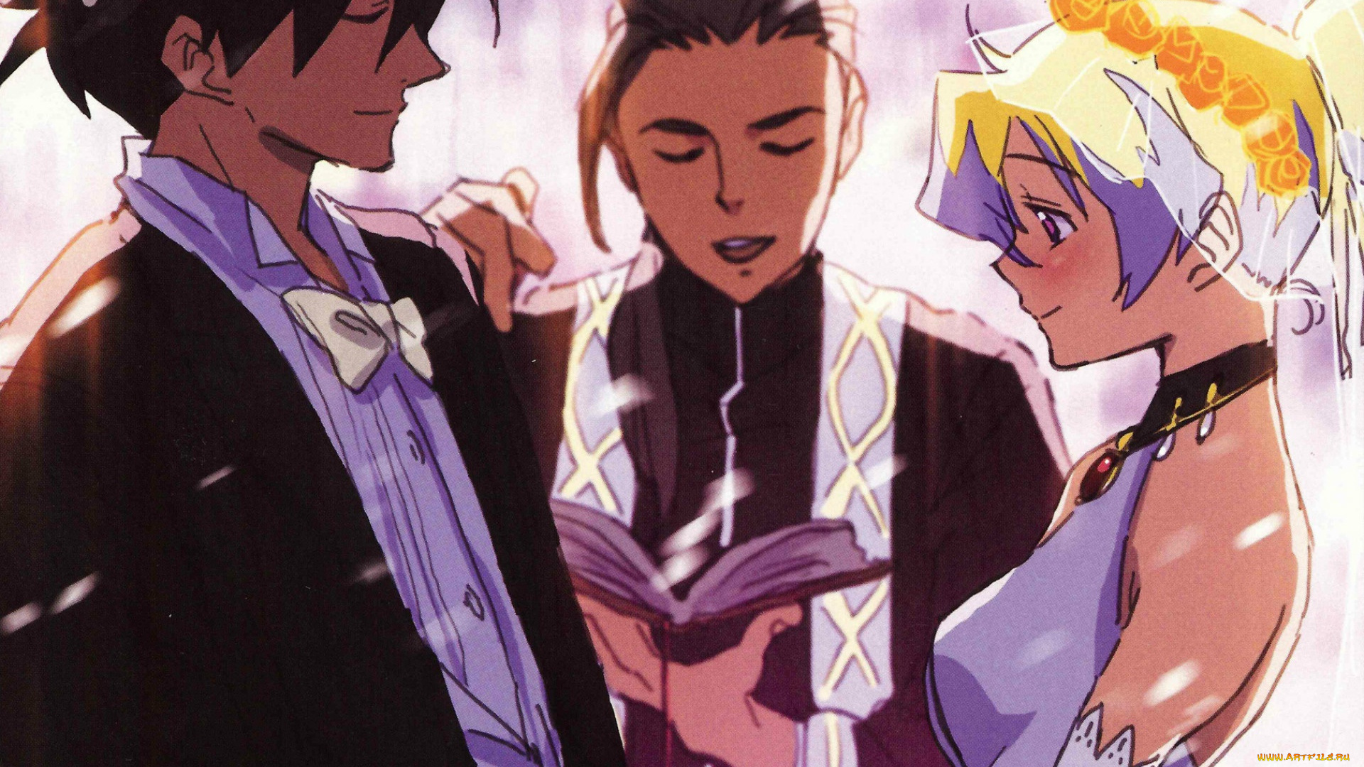 аниме, tengen, toppa, gurren-lagann, костюм, фата, жених, и, невеста, simon, галстук-бабочка, церемония, священник, принцесса, tengen, toppa, gurren-lagann, венок, свадьба