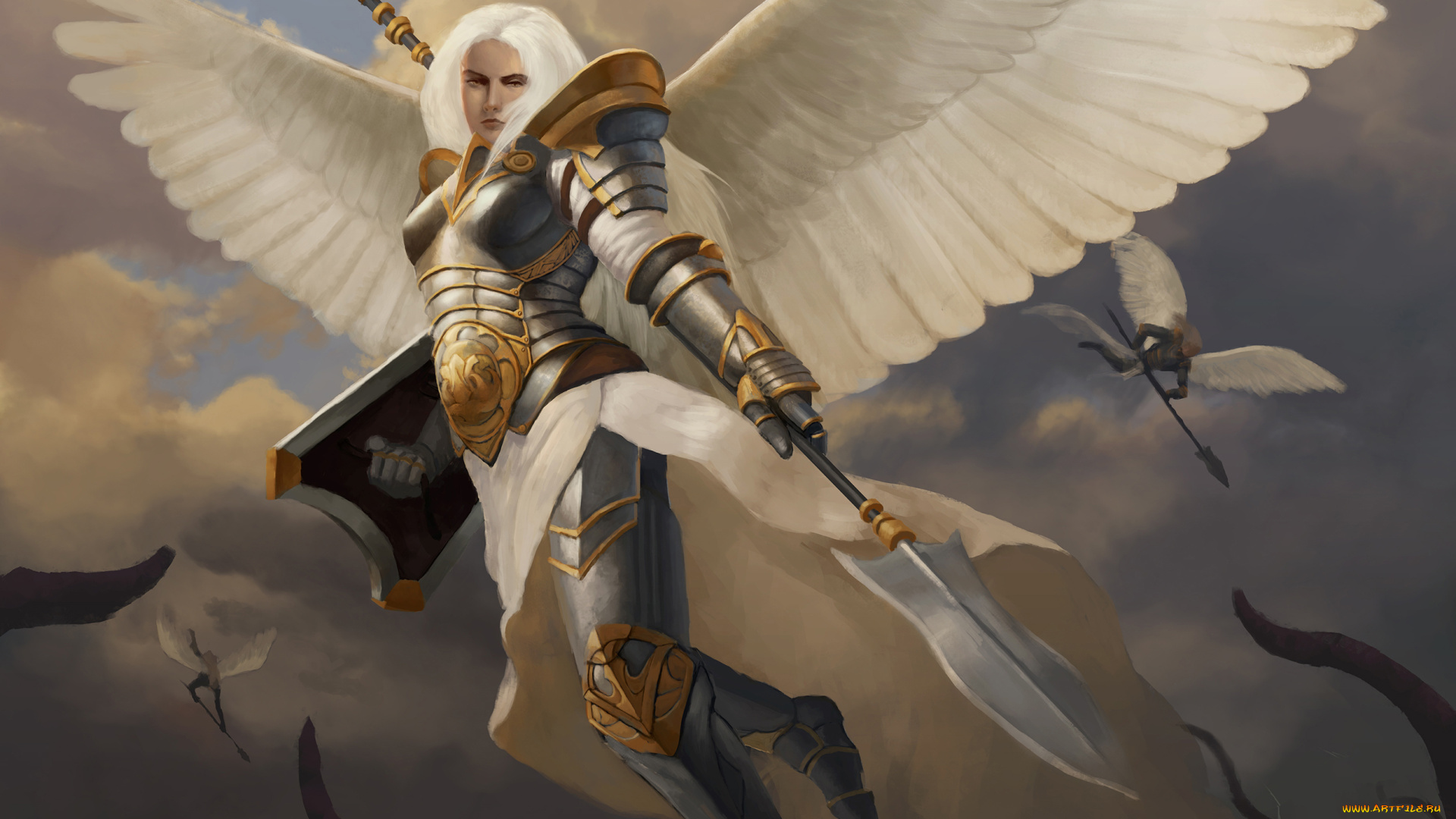 фэнтези, ангелы, девушка, латы, фон, взгляд, крылья, копьё