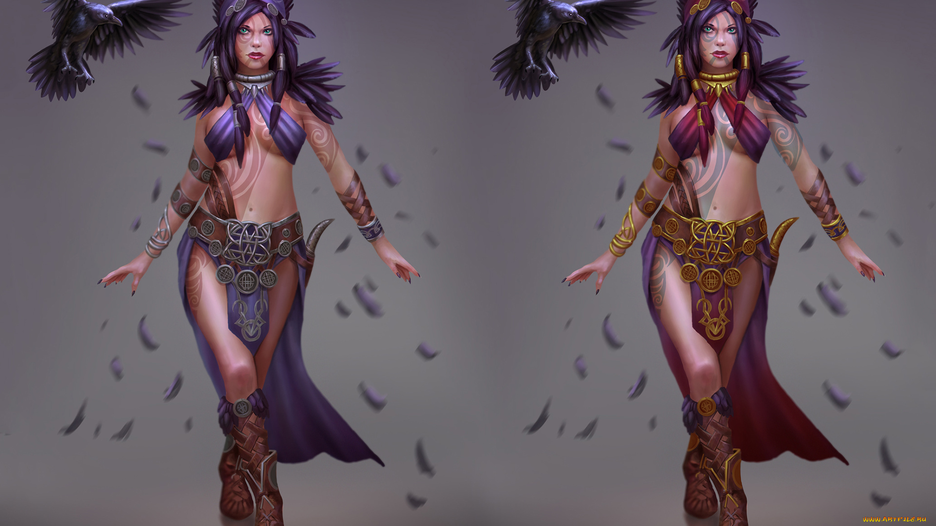 фэнтези, девушки, тату, фон, взгляд, девушка, ворон