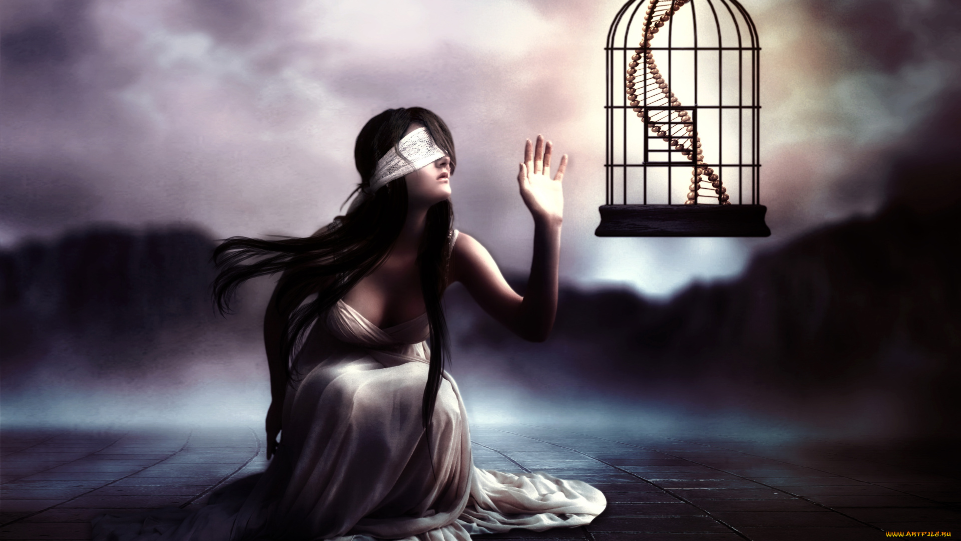 фэнтези, фотоарт, девушка, фон, повязка, клетка