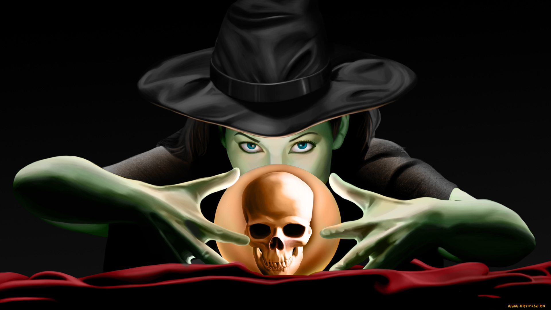 фэнтези, маги, , волшебники, шляпа, взгляд, фон, череп, шар, девушка