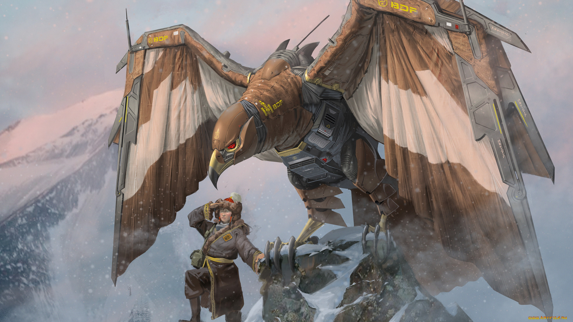 фэнтези, роботы, , киборги, , механизмы, горы, фон, птица, мужчина