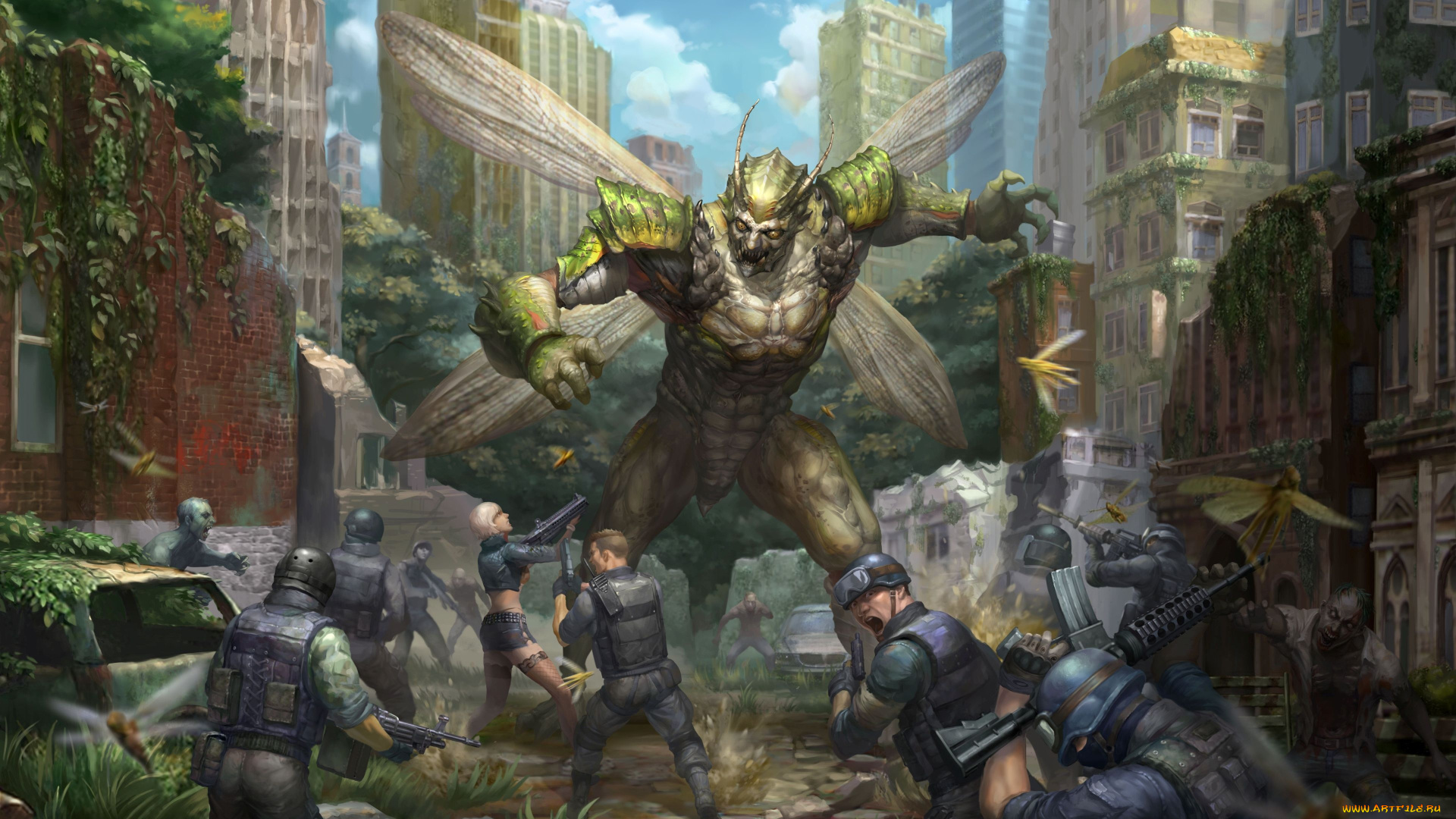 фэнтези, существа, монстр, чудище, противостояние, сражение, город, улицы
