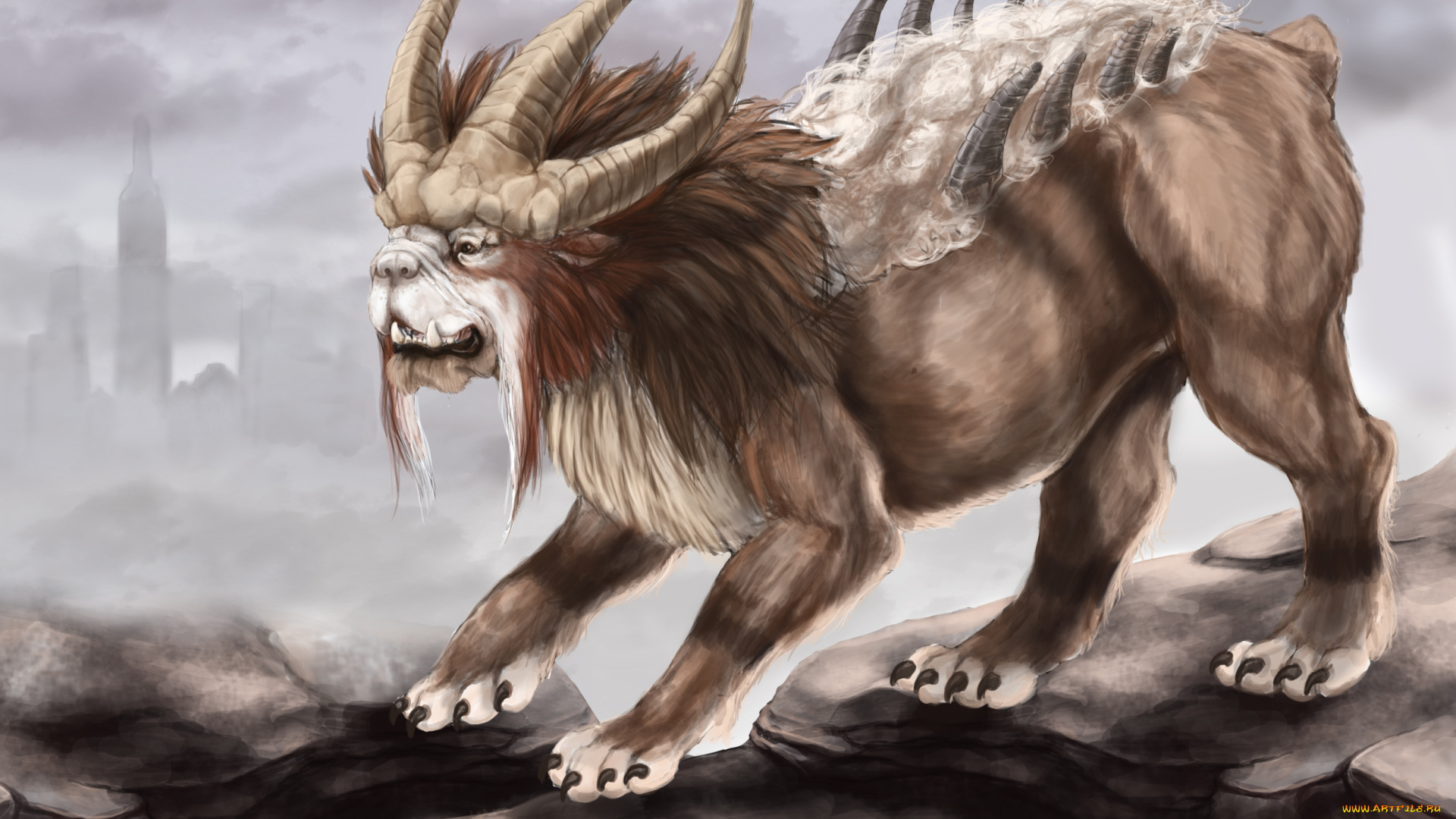 фэнтези, существа, монстр, Чудовище, шерсть, шипы, рога, лев