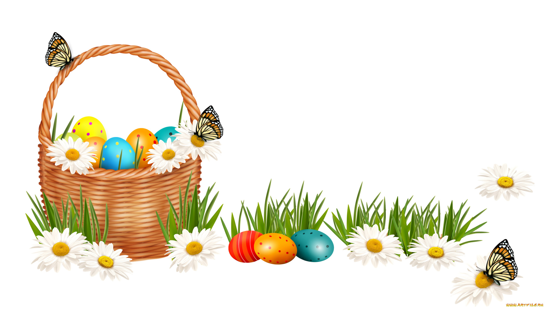 праздничные, пасха, корзина, бабочки, яйца