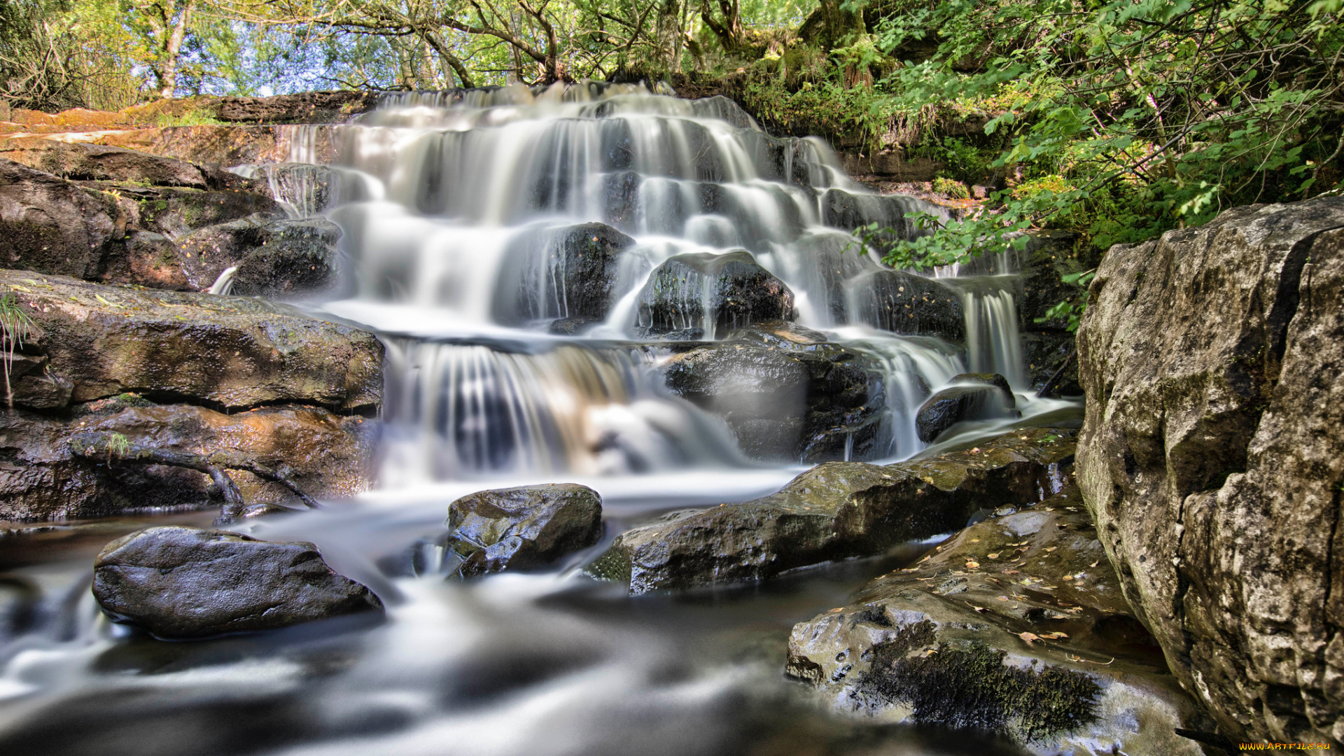 природа, водопады, водопад, река, лес
