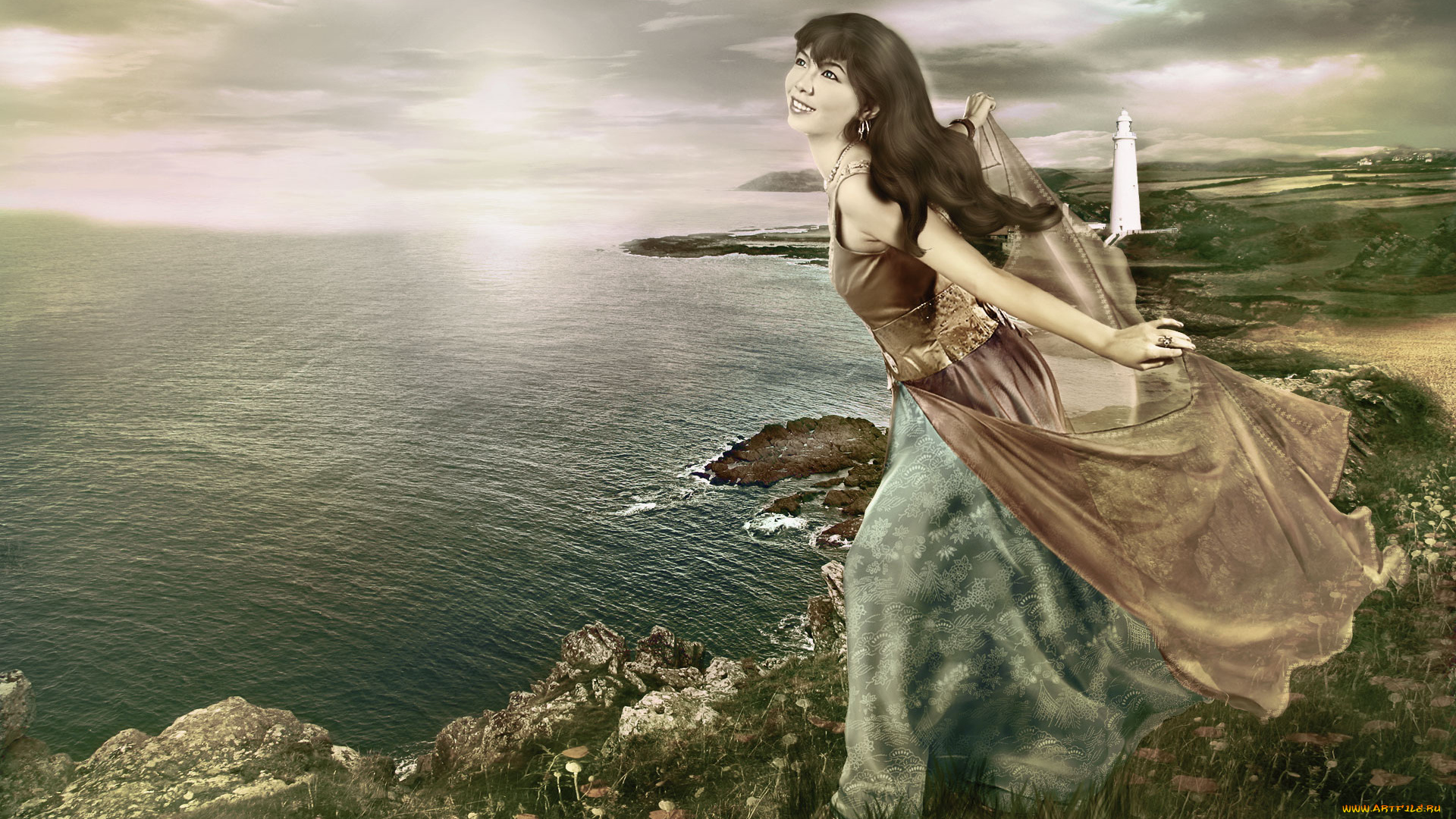 разное, компьютерный, дизайн, девушка, море, улыбка, берег, фон