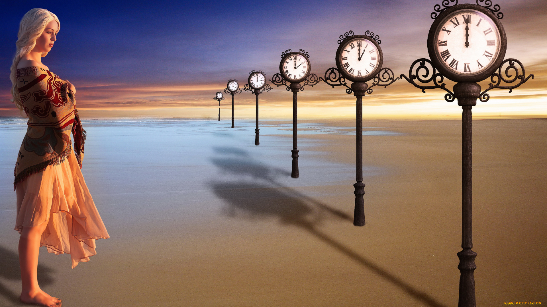 разное, компьютерный, дизайн, песок, девушка, часы, вода, небо, фон