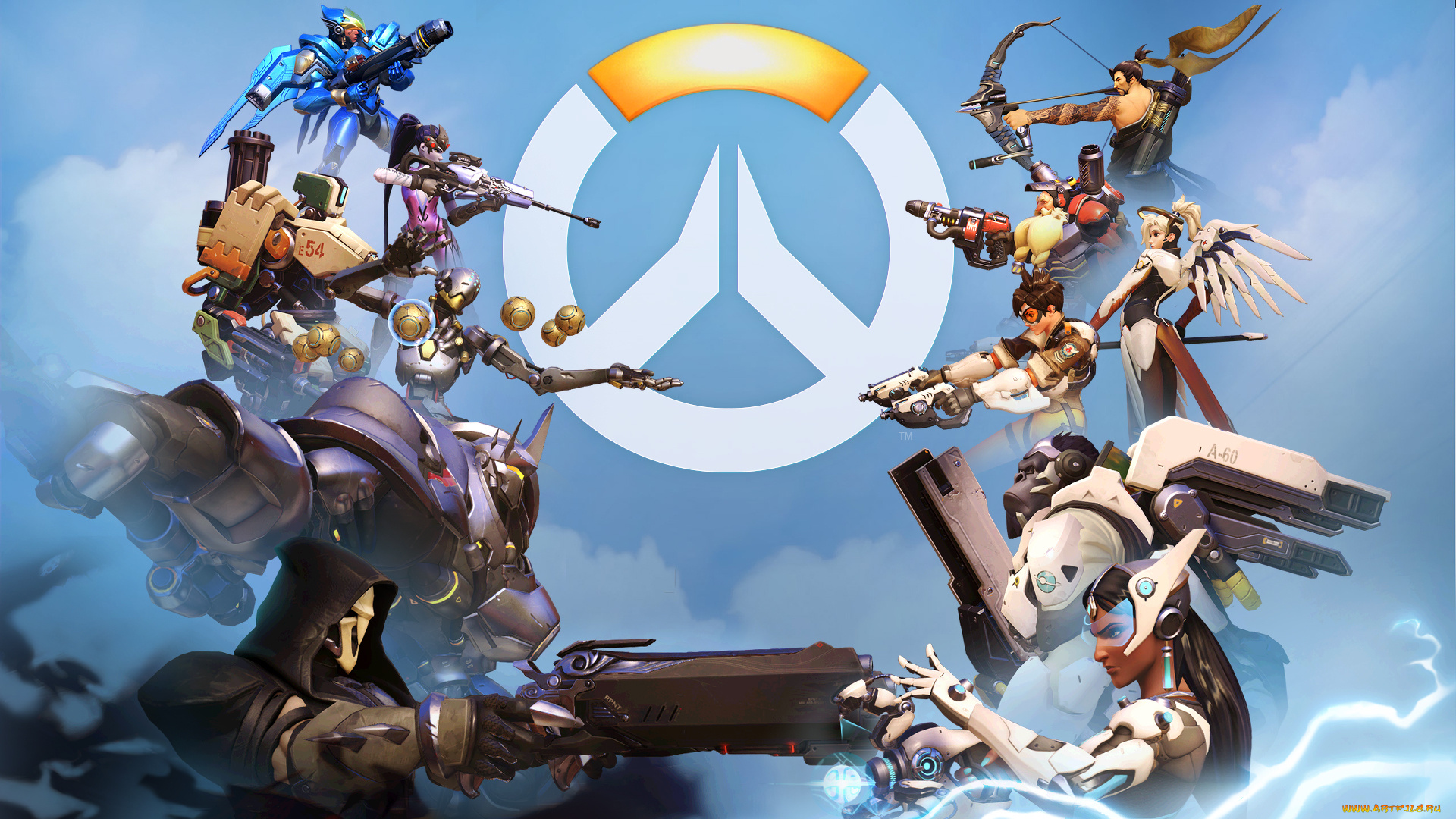 видео, игры, overwatch, reinhardt, winston, mercy, pharah, reaper, hanzo, bastion, tracer, symmetra, fareeha, amari