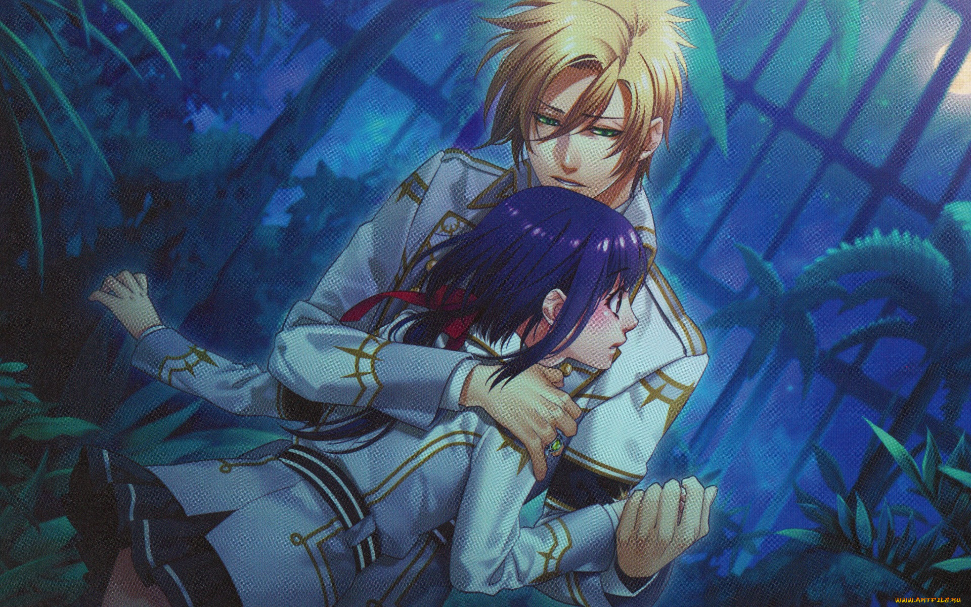 аниме, kamigami, no, asobi, объятия, apollon, agana, belea, оранжерея, свидание, ночь, kamigami, no, asobi, yone, kazuki, луна, art, yui, kusanagi, visual, novel, военная, форма, двое