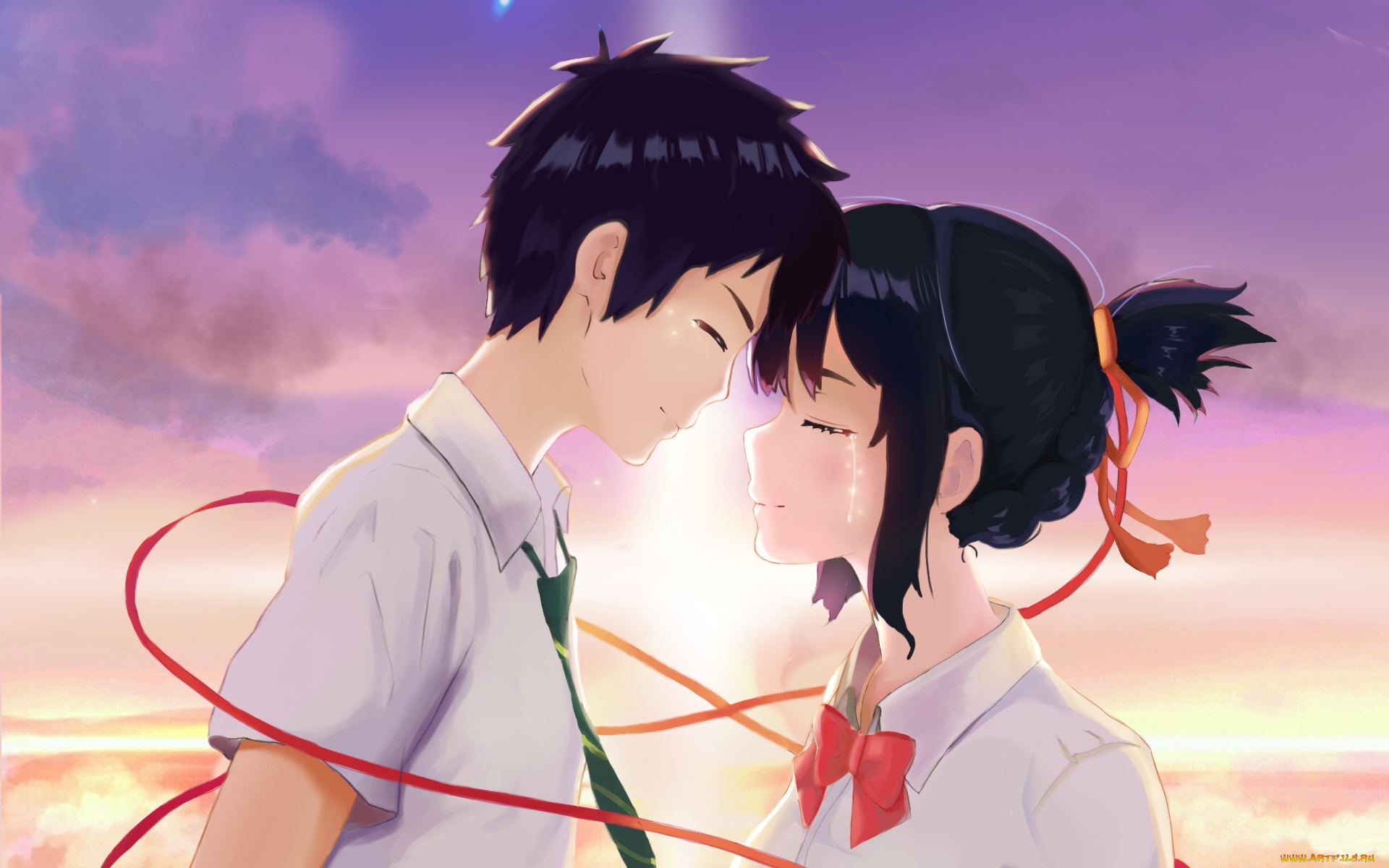 аниме, kimi, no, na, wa, парень, девушка, фон, взгляд