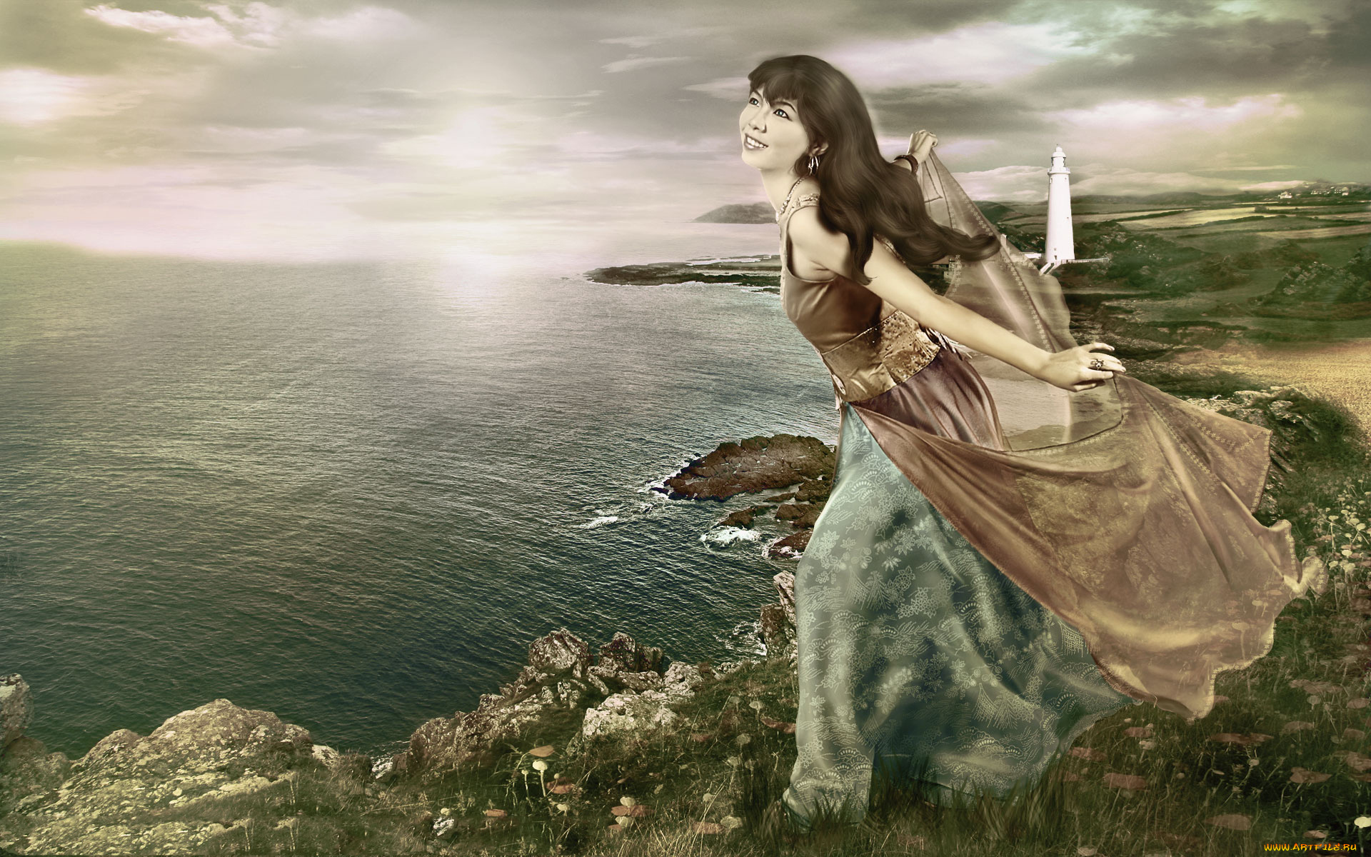 разное, компьютерный, дизайн, девушка, море, улыбка, берег, фон