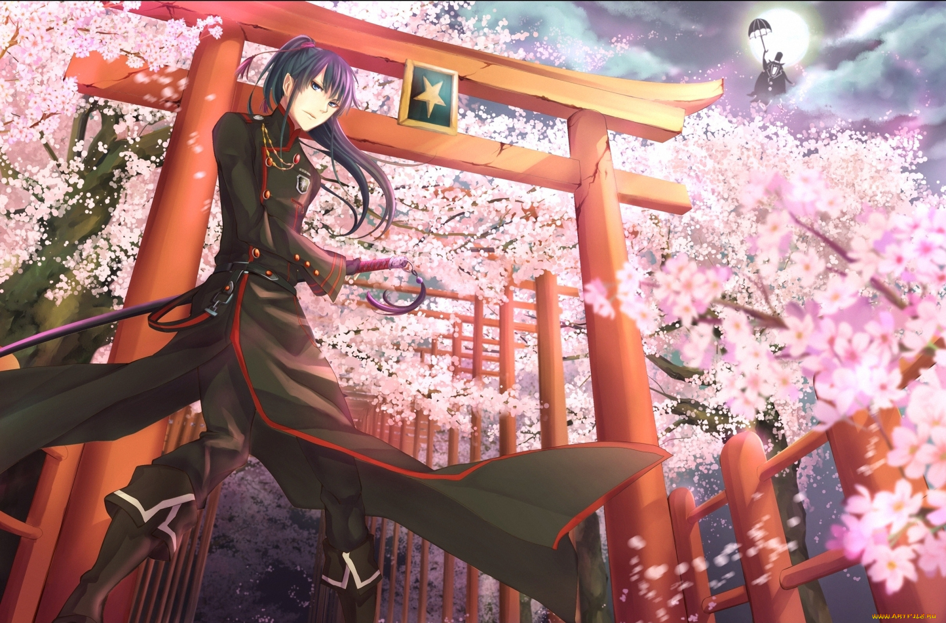 аниме, , gray-man, воин, экзорцист, kanda, меч, оружие, луна, сакура, граф, зонт