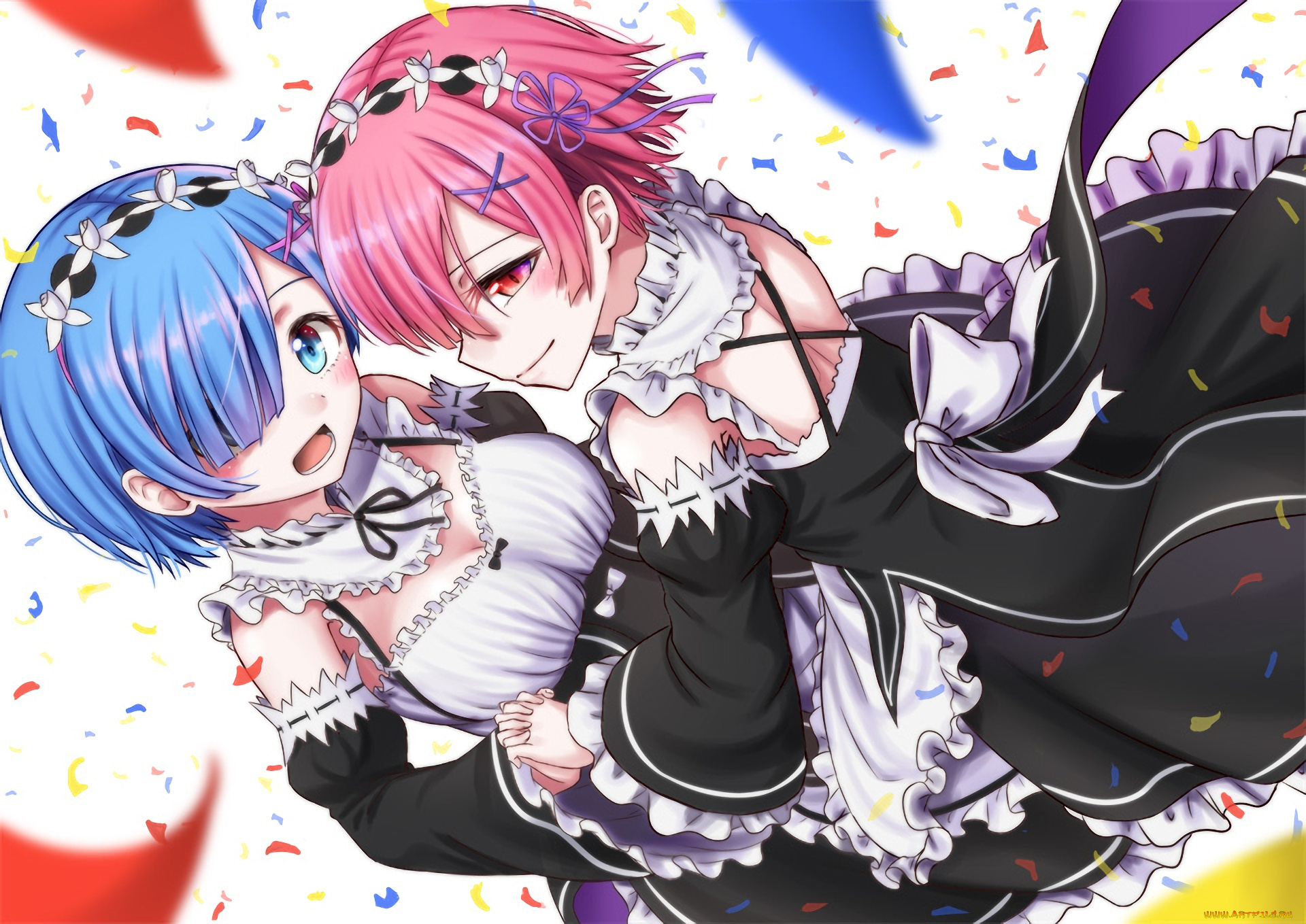 аниме, re, , zero, kara, hajimeru, isekai, seikatsu, ram, zero, kara, hajimeru, isekai, seikatsu, сёстры, art, девушки, конфети, anime, rem