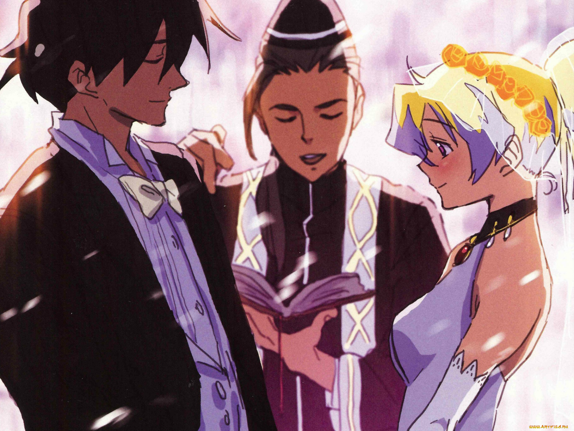 аниме, tengen, toppa, gurren-lagann, костюм, фата, жених, и, невеста, simon, галстук-бабочка, церемония, священник, принцесса, tengen, toppa, gurren-lagann, венок, свадьба