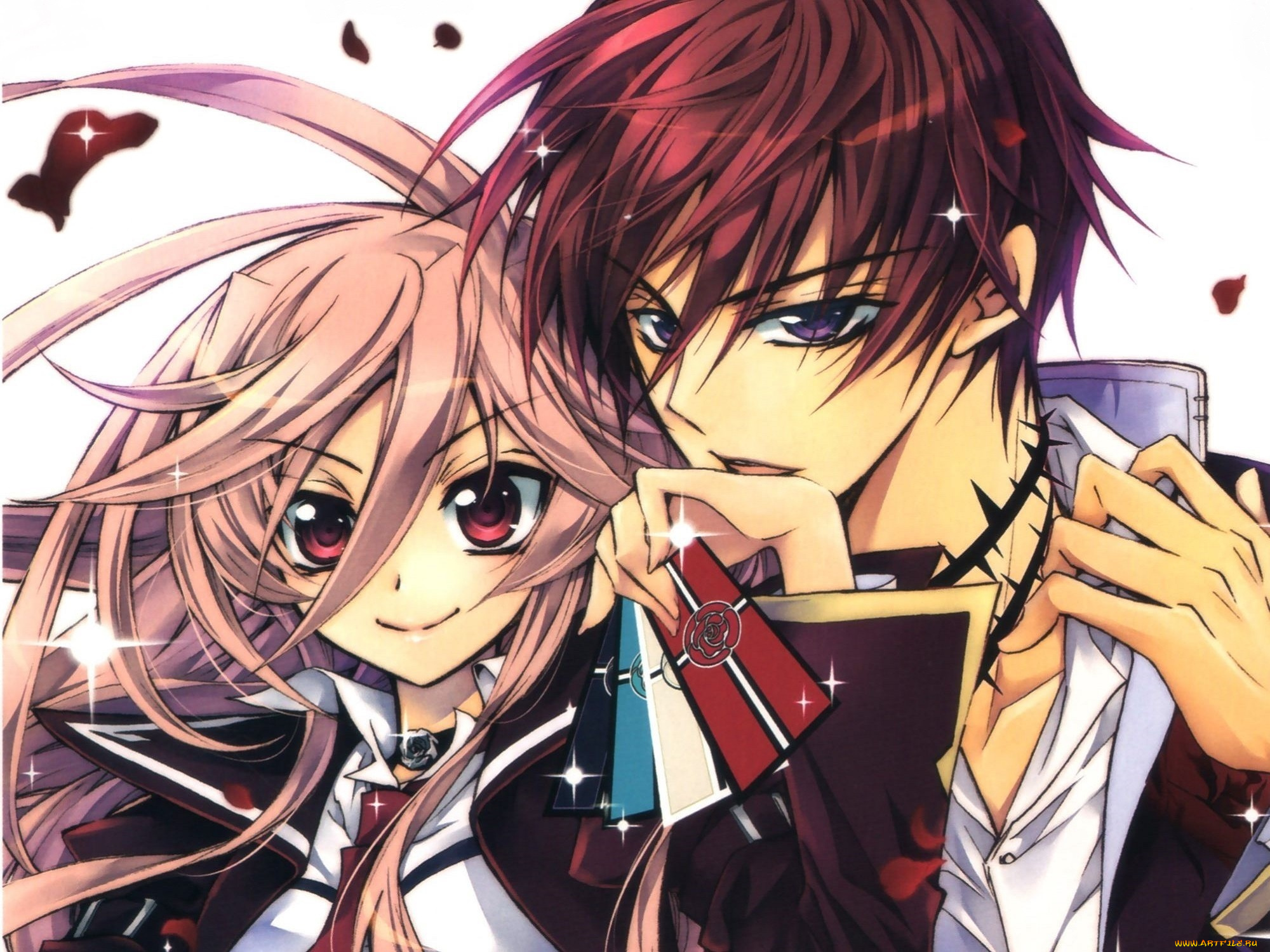 аниме, kiss, of, rose, princess, стебли, с, шипами, воротник, карты, розовые, волосы, art, anise, yamamoto, большие, глаза, kiss, of, rose, princess, kaede, higa, aya, shouoto, руки, взгляд, двое