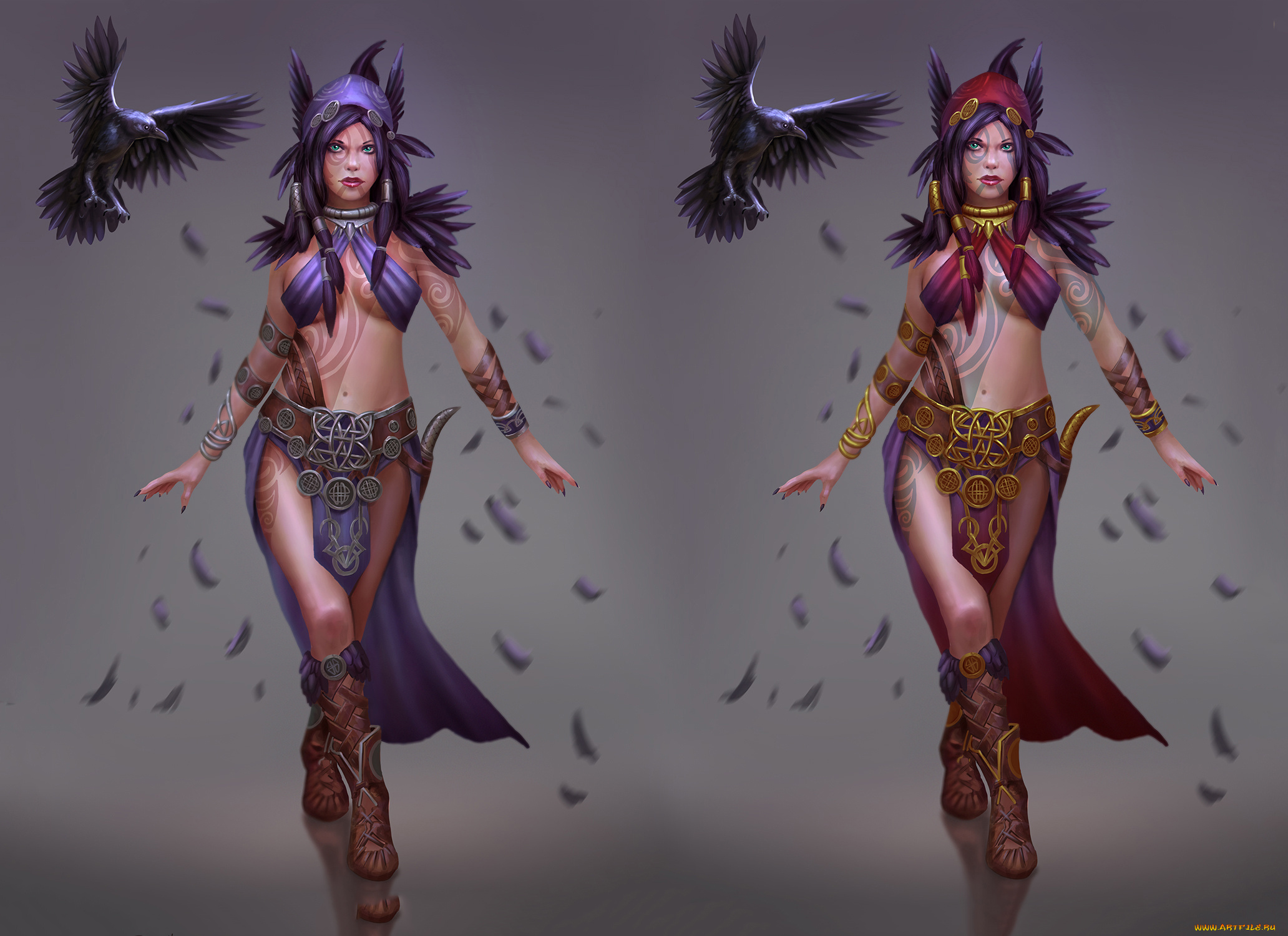 фэнтези, девушки, тату, фон, взгляд, девушка, ворон