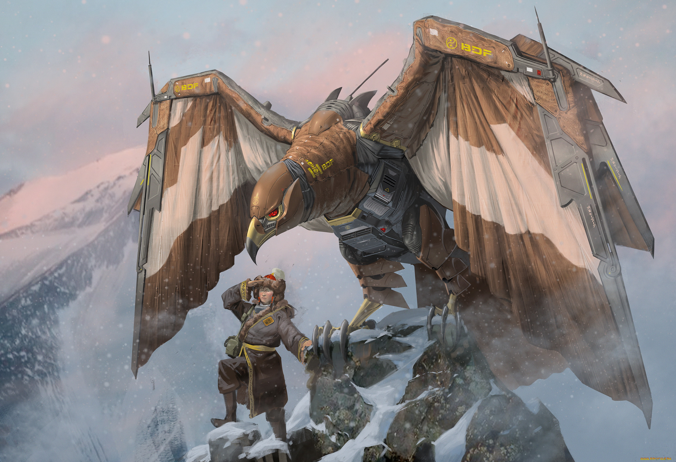 фэнтези, роботы, , киборги, , механизмы, горы, фон, птица, мужчина