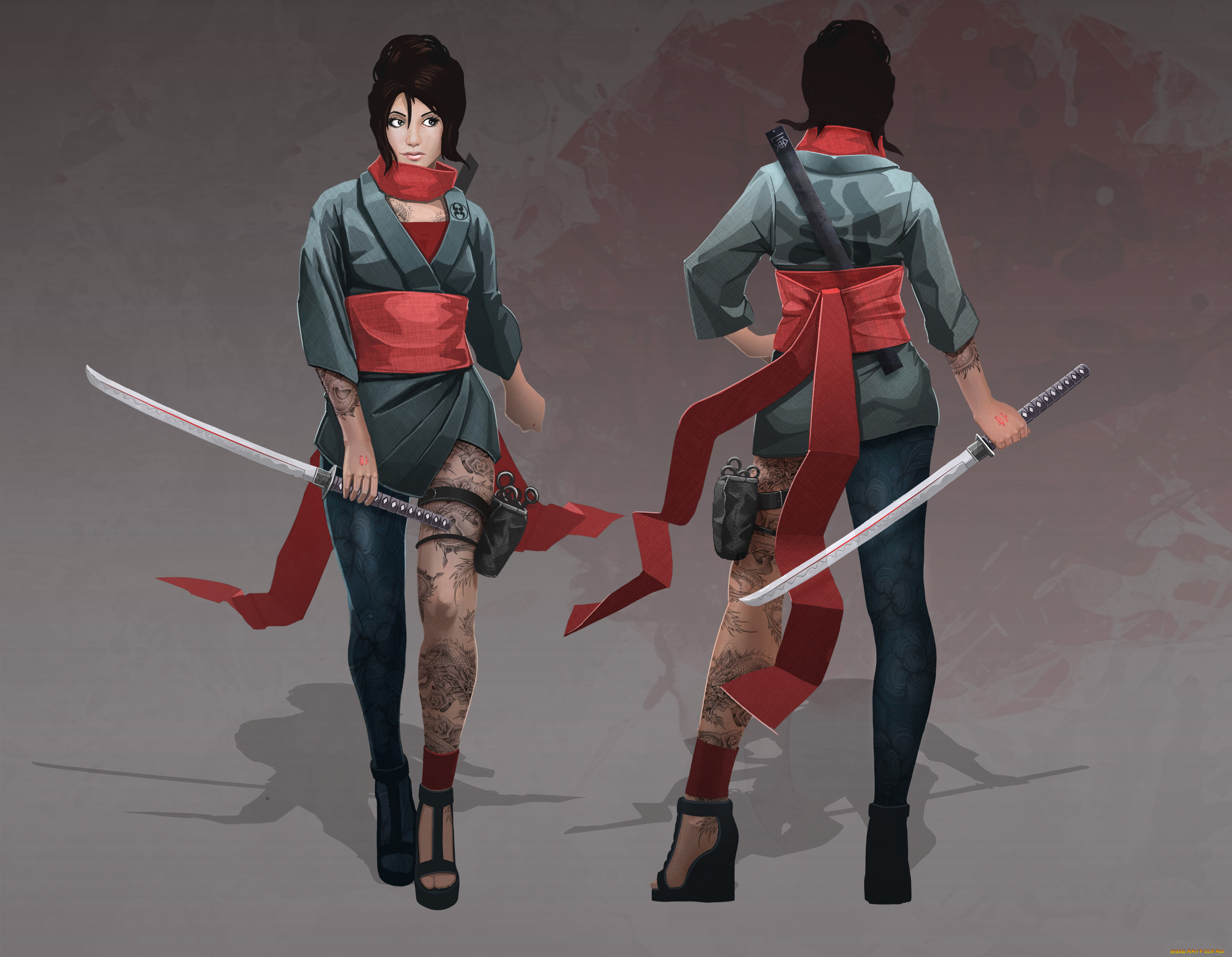 фэнтези, девушки, кимоно, меч, взгляд, фон, девушка