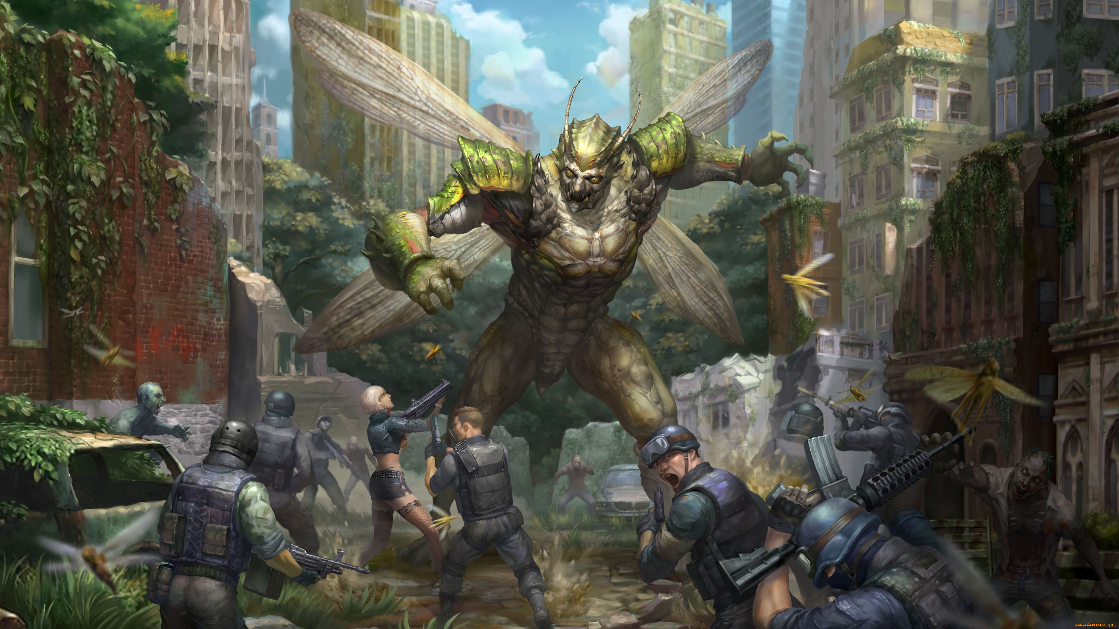 фэнтези, существа, монстр, чудище, противостояние, сражение, город, улицы