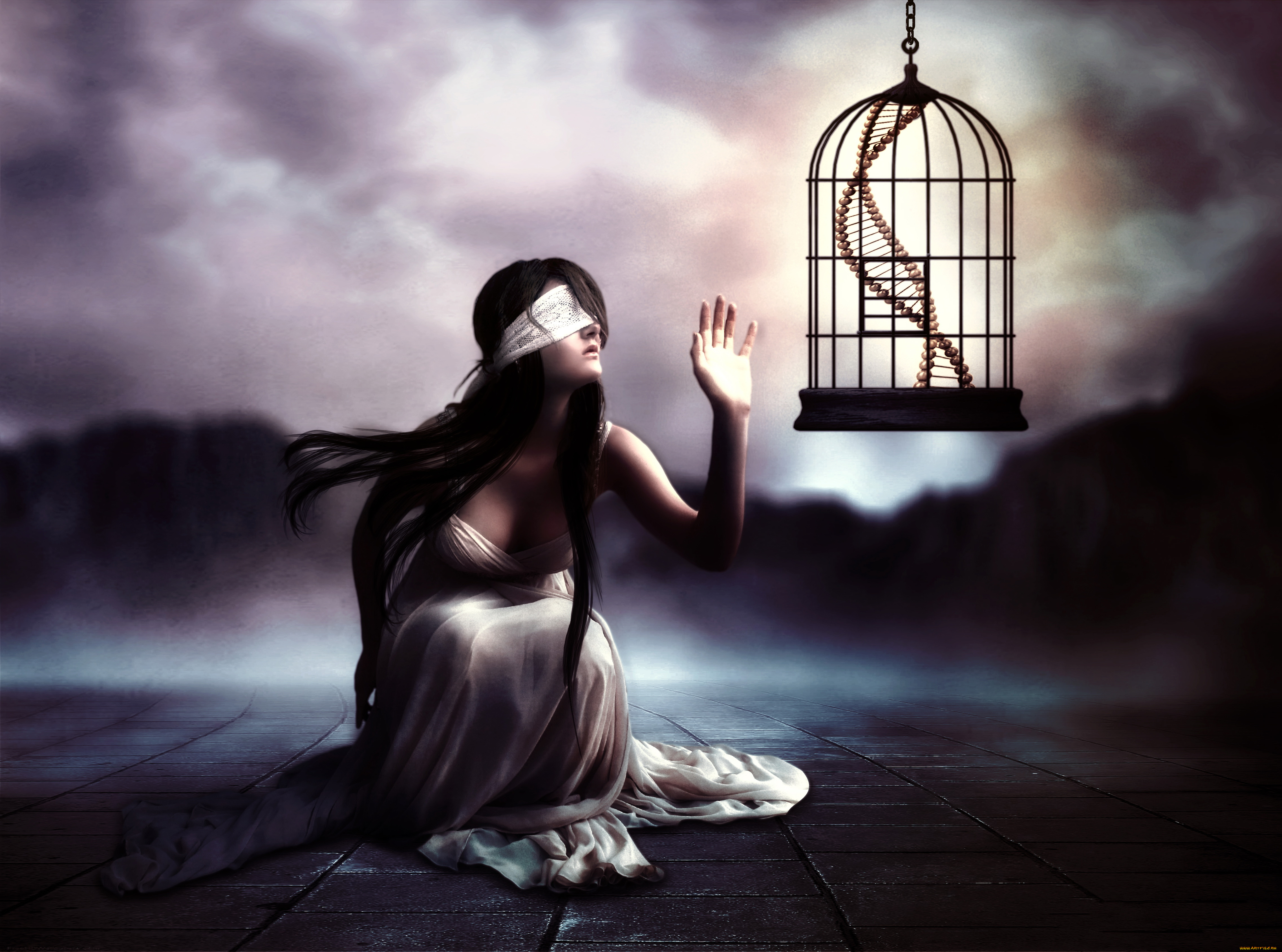 фэнтези, фотоарт, девушка, фон, повязка, клетка