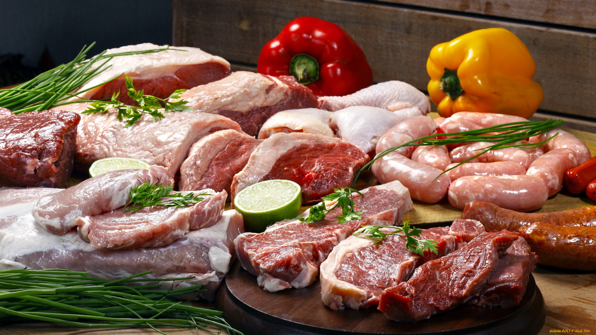 еда, мясные, блюда, свинина, курица, колбаски, перец