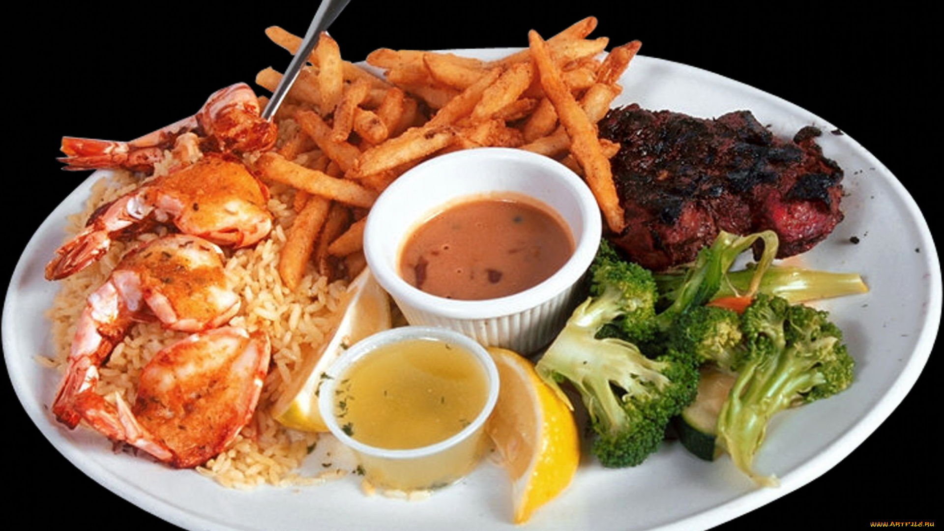 еда, разное, мясо, соус, лимон, креветки, рис