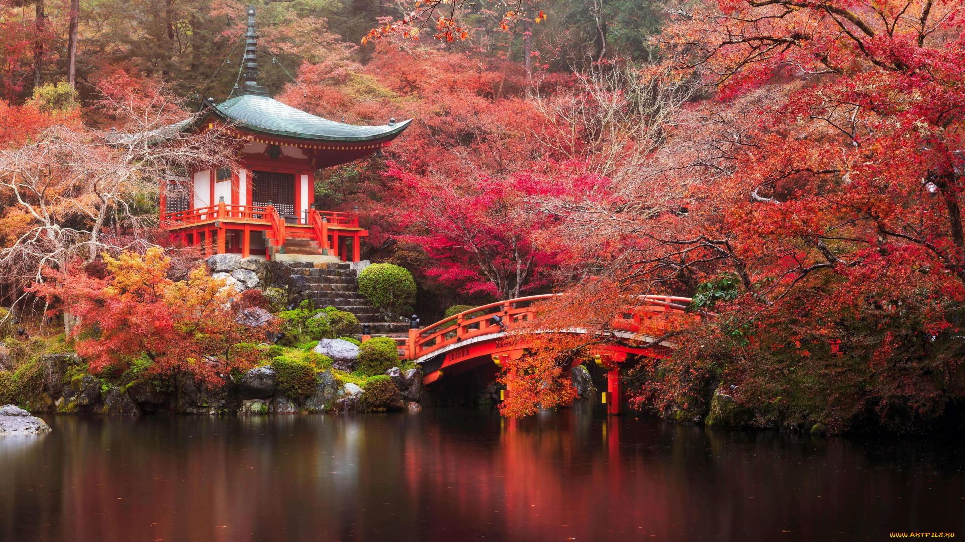 города, -, буддийские, и, другие, храмы, ступени, камни, пагода, мост, озеро, осень, лес