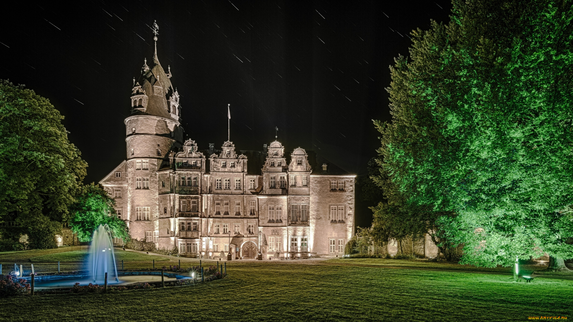 города, -, дворцы, , замки, , крепости, резиденция, герцогского, замка, детмольд, в, северном, рейне-вестфалии, ночью, германия