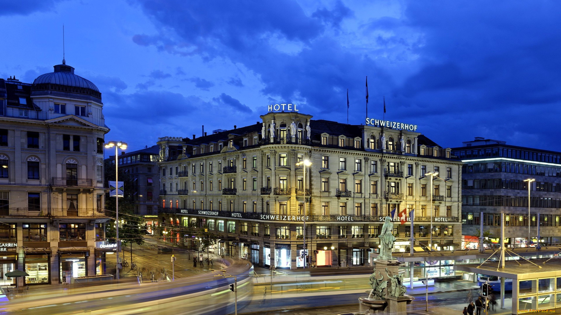 города, цюрих, , швейцария, отель, огни, вечер