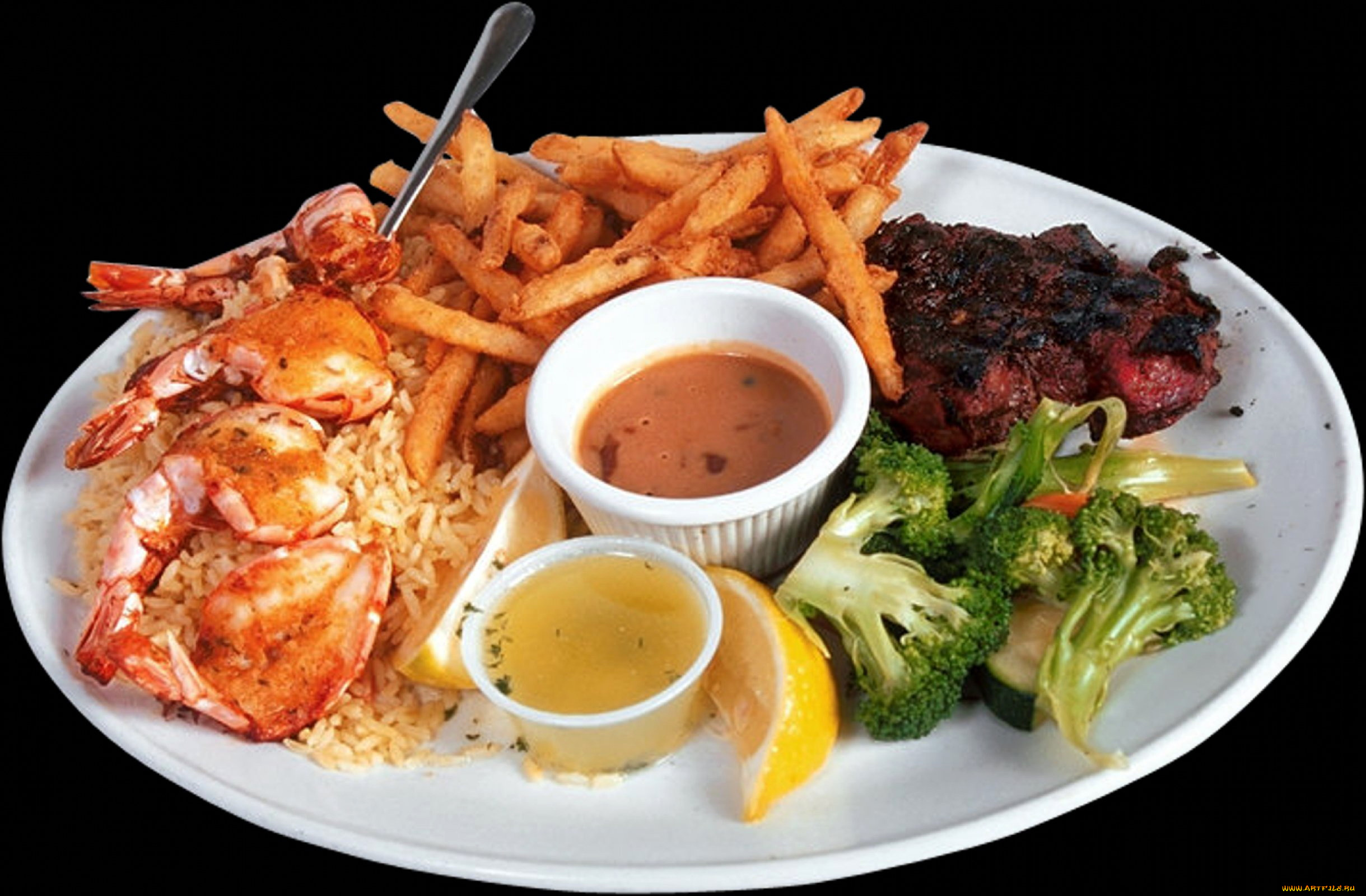 еда, разное, мясо, соус, лимон, креветки, рис