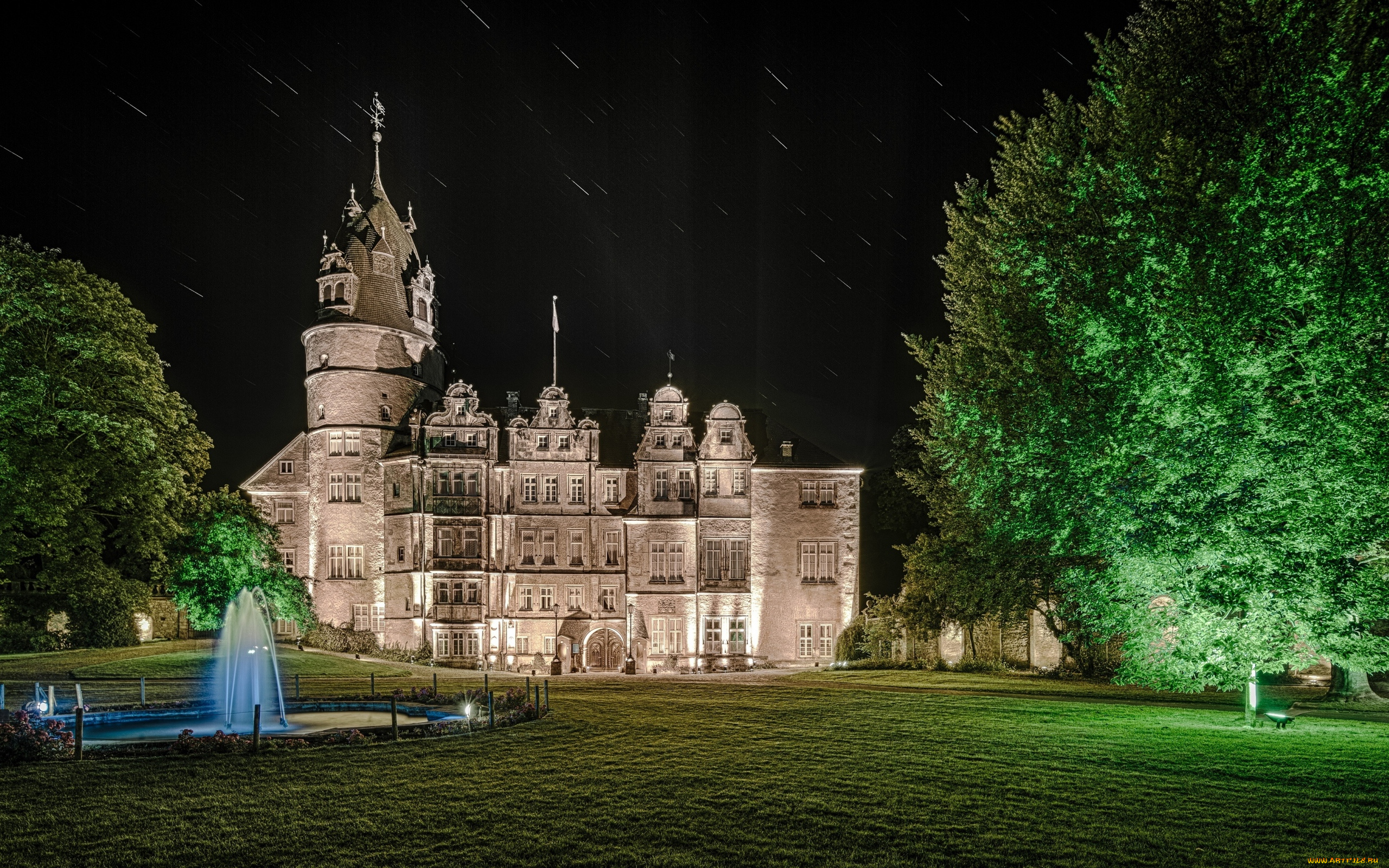 города, -, дворцы, , замки, , крепости, резиденция, герцогского, замка, детмольд, в, северном, рейне-вестфалии, ночью, германия