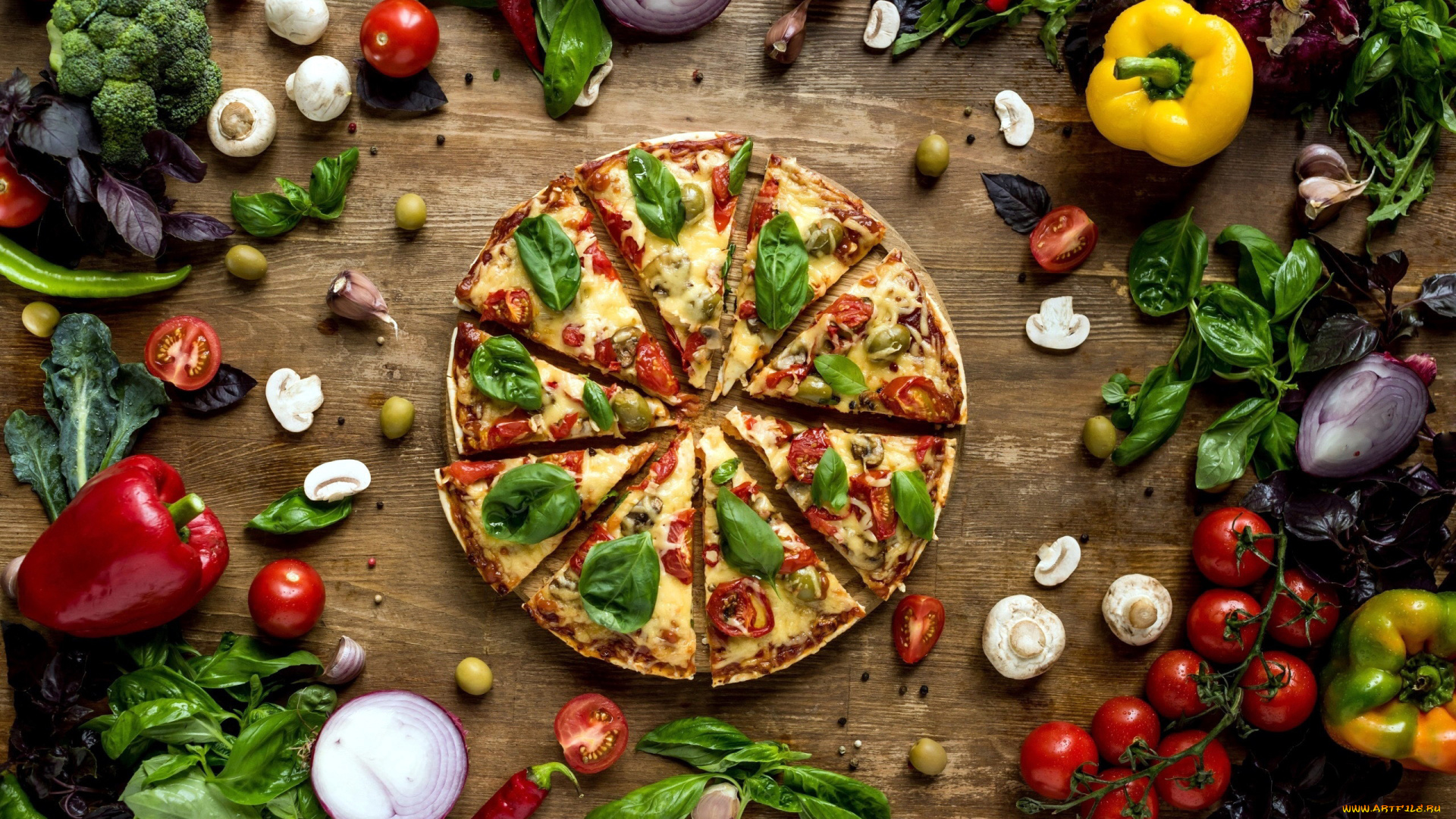еда, пицца, перец, базилик