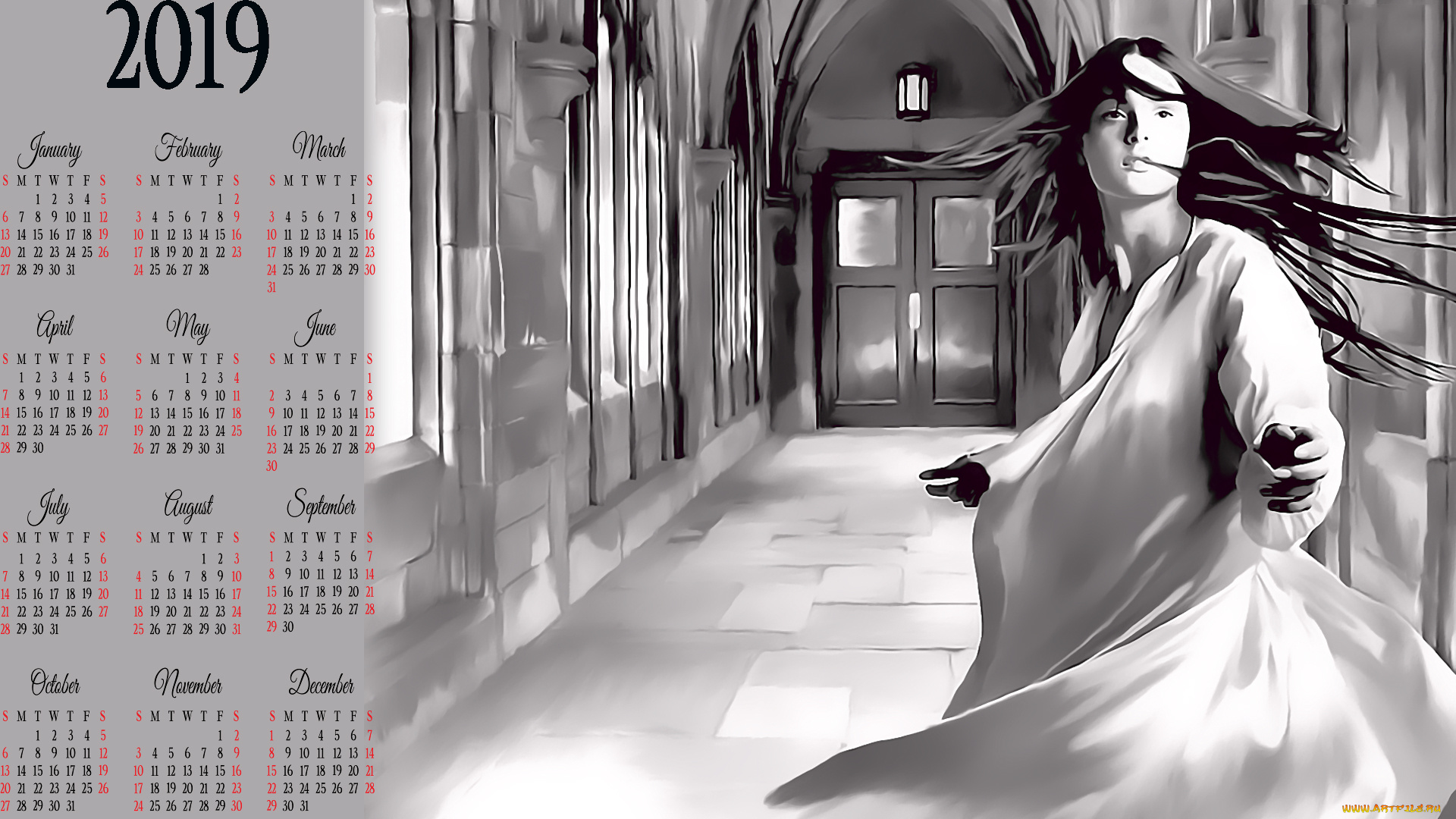 календари, фэнтези, дверь, девушка, помещение