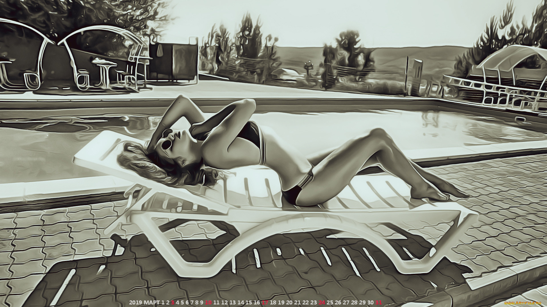 календари, компьютерный, дизайн, очки, девушка, бассейн, шезлонг