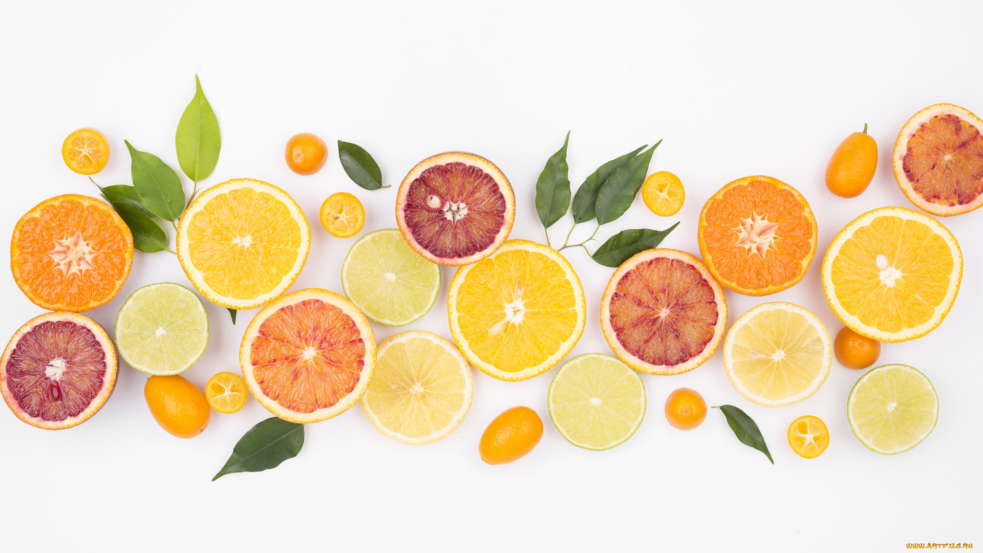еда, цитрусы, листья, фон
