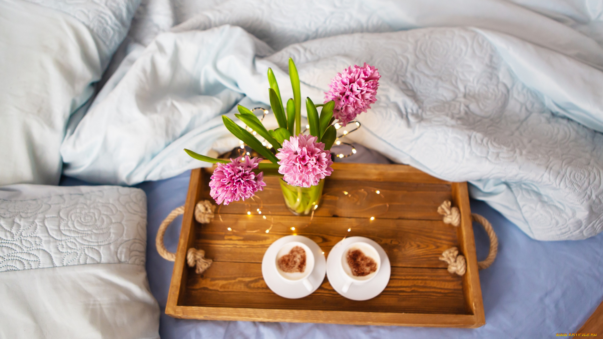 еда, кофе, , кофейные, зёрна, цветы, гиацинты, поднос