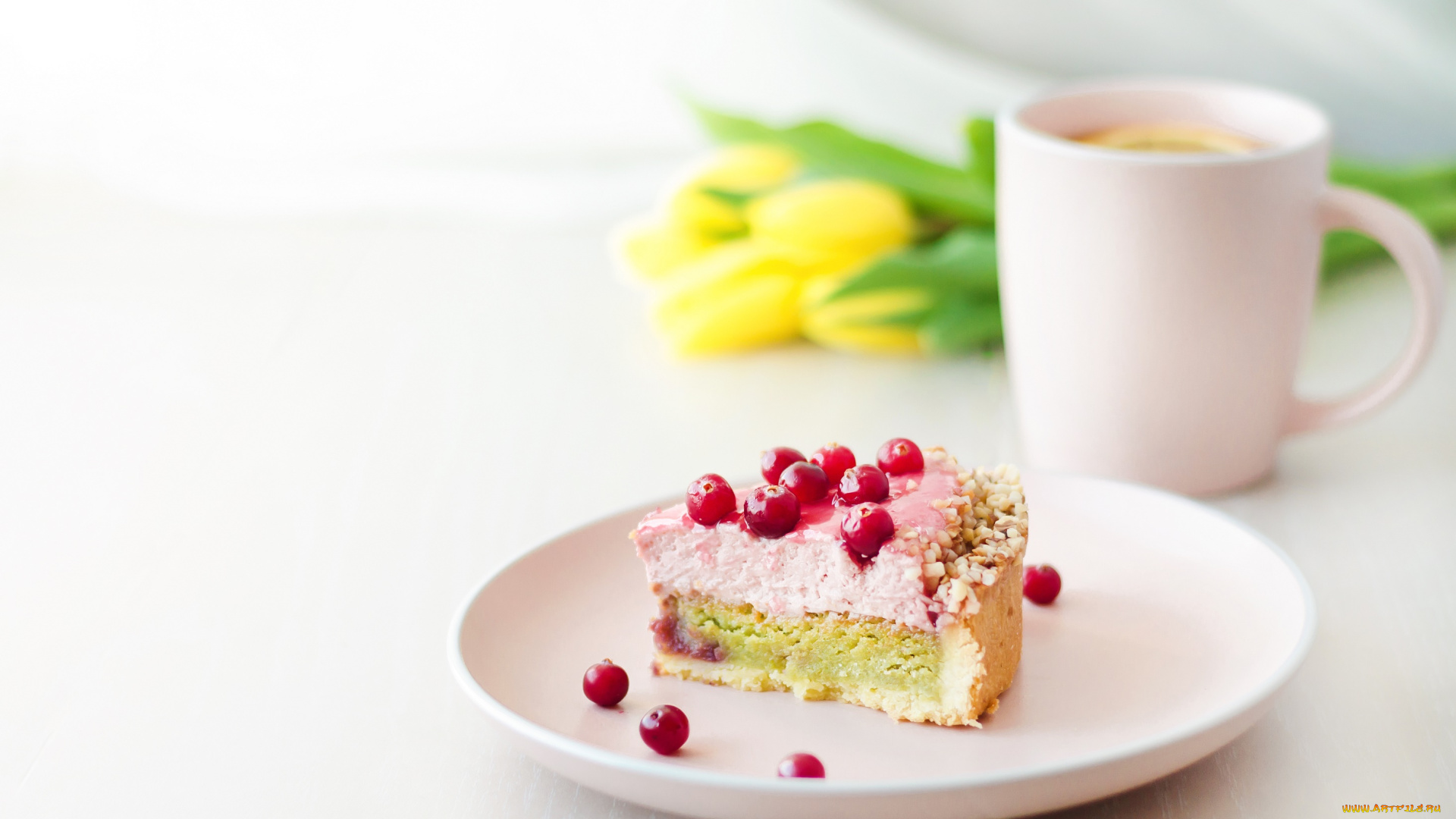 еда, торты, цветы, ягоды, лимон, чай, тюльпаны, торт