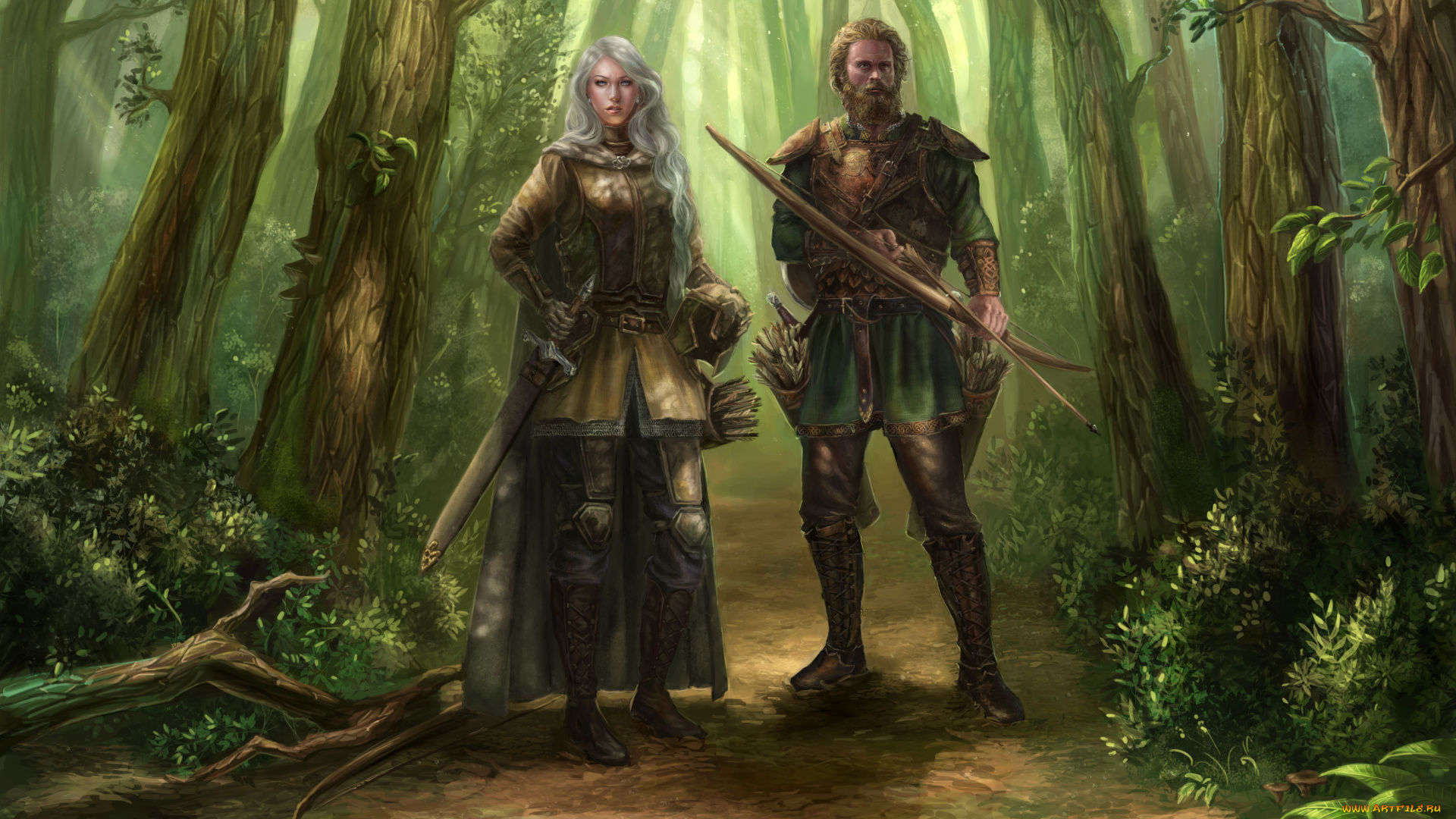 фэнтези, люди, девушка, мужчина, фон, взгляд, униформа, оружие