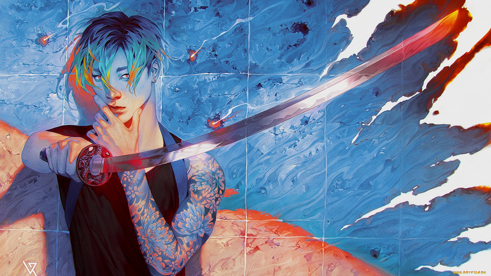 рисованное, люди, парень, меч, тату