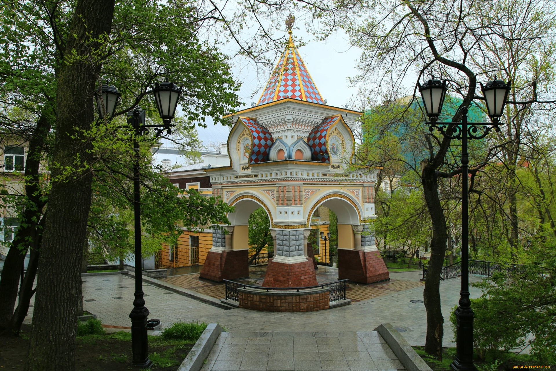 владивосток, города, -, здания, , дома, город, россия, арка, фонари