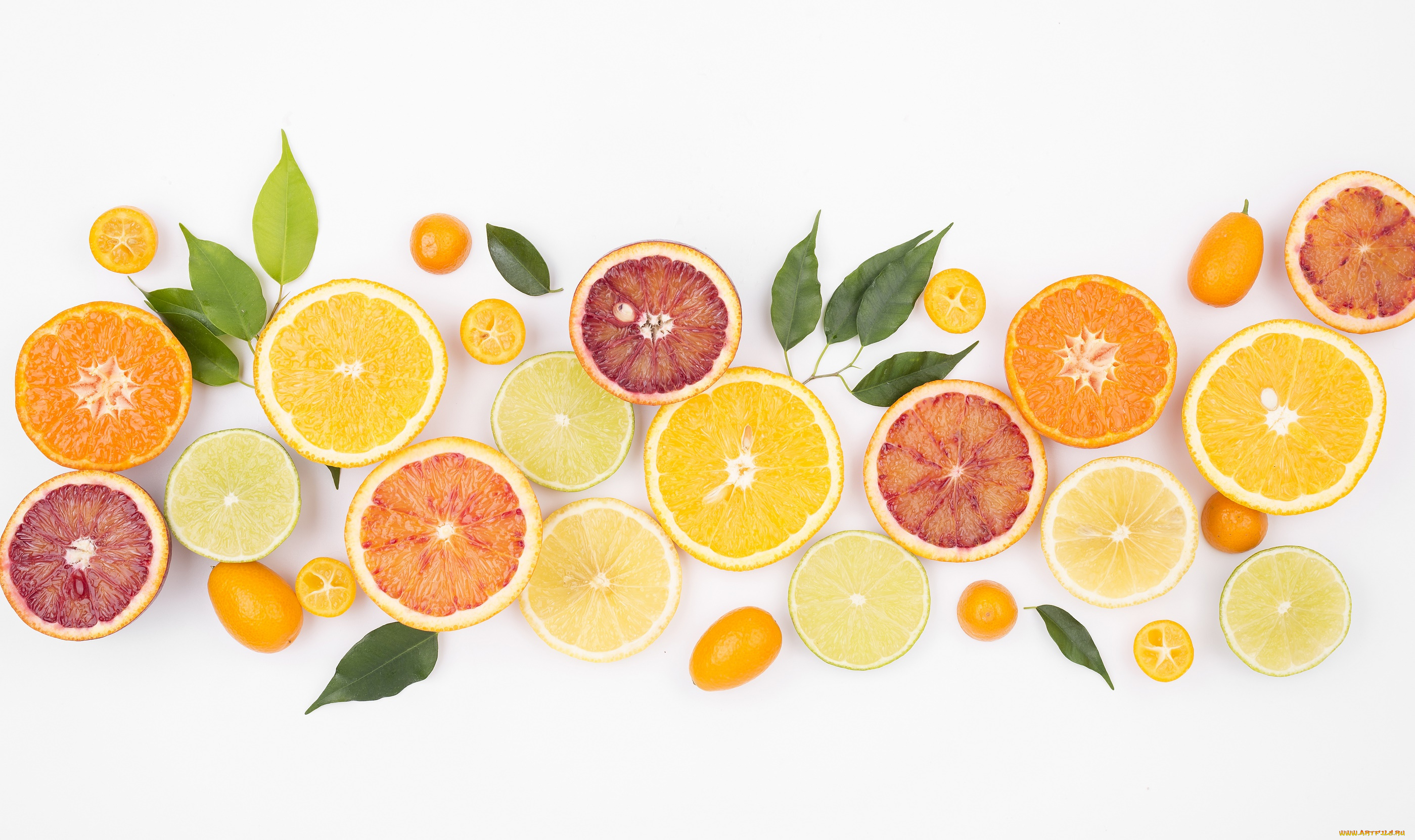 еда, цитрусы, листья, фон