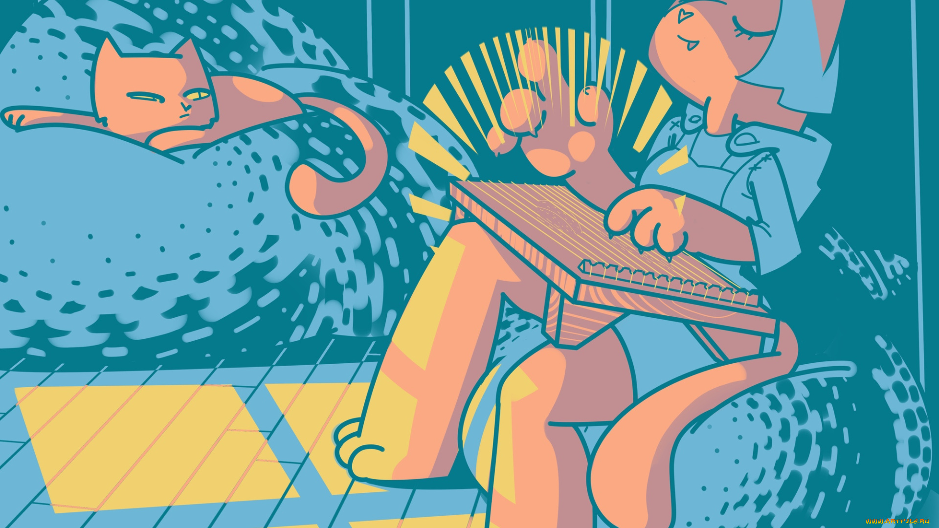 аниме, животные, , существа, кот, неко, инструмент, музыка