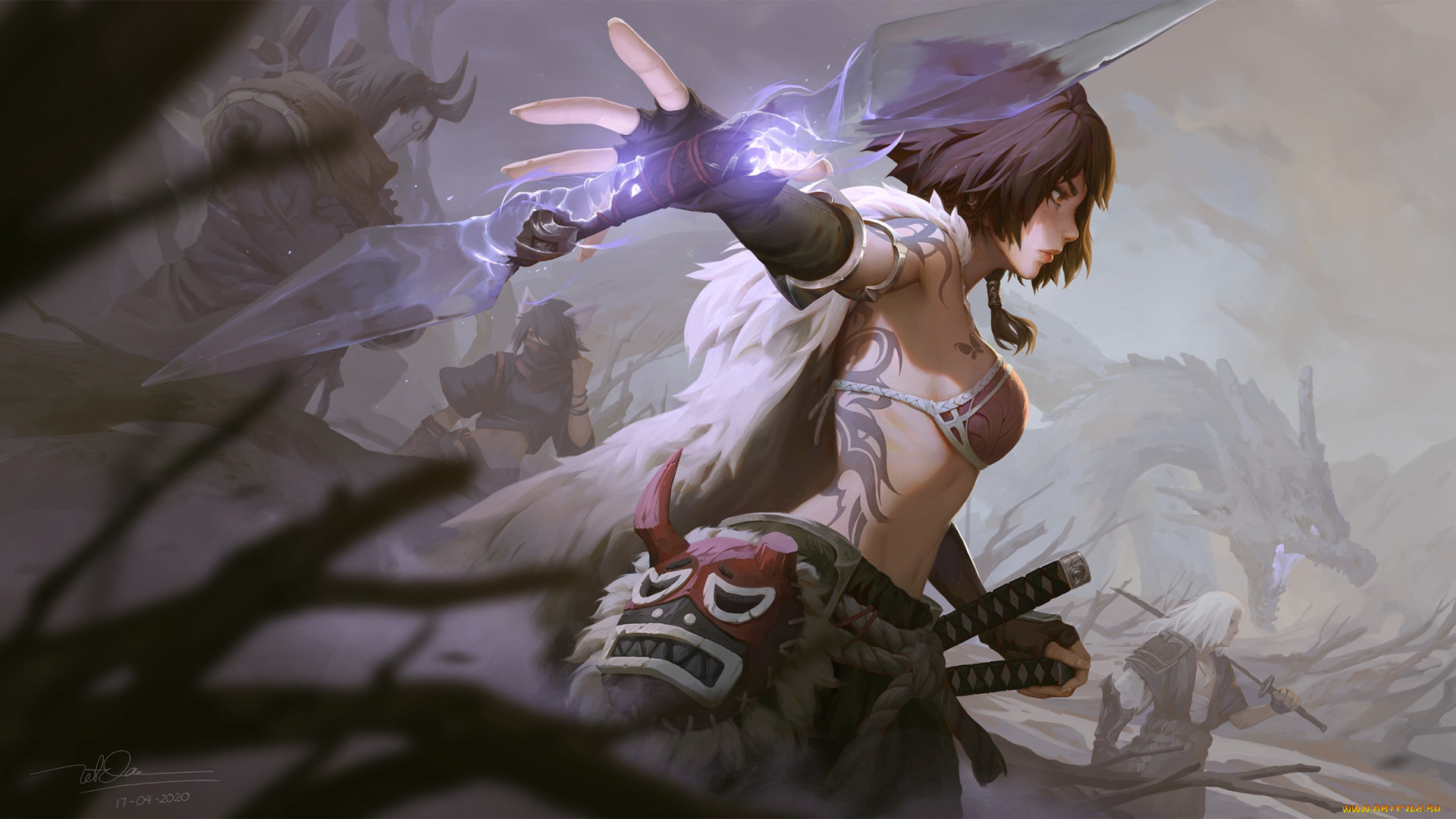 фэнтези, иные, миры, , иные, времена, девушка, дракон, туман, воины, оружие