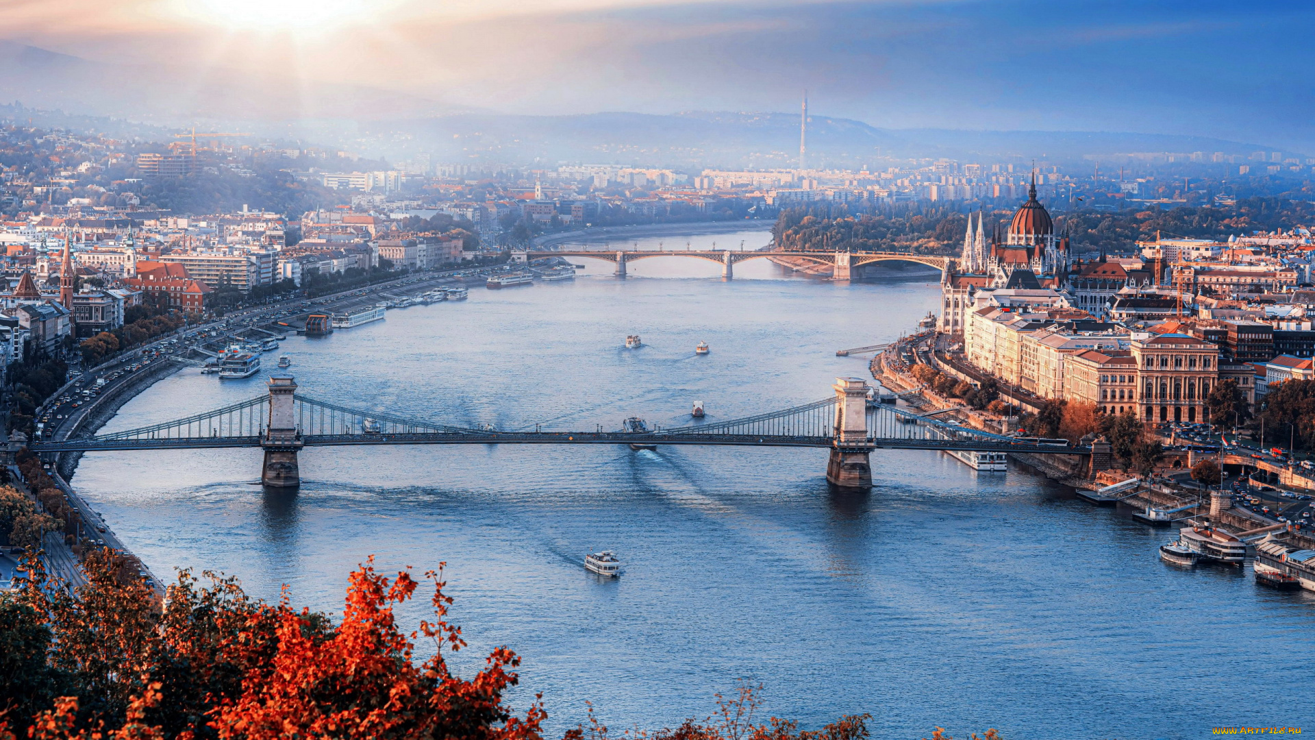 города, будапешт, , венгрия, панорама, река, мосты