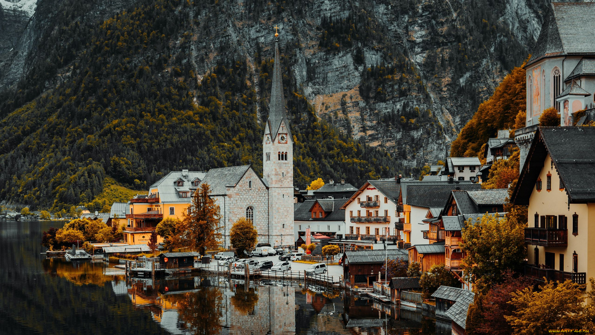 города, гальштат, , австрия, горы, озеро, отражение, осень