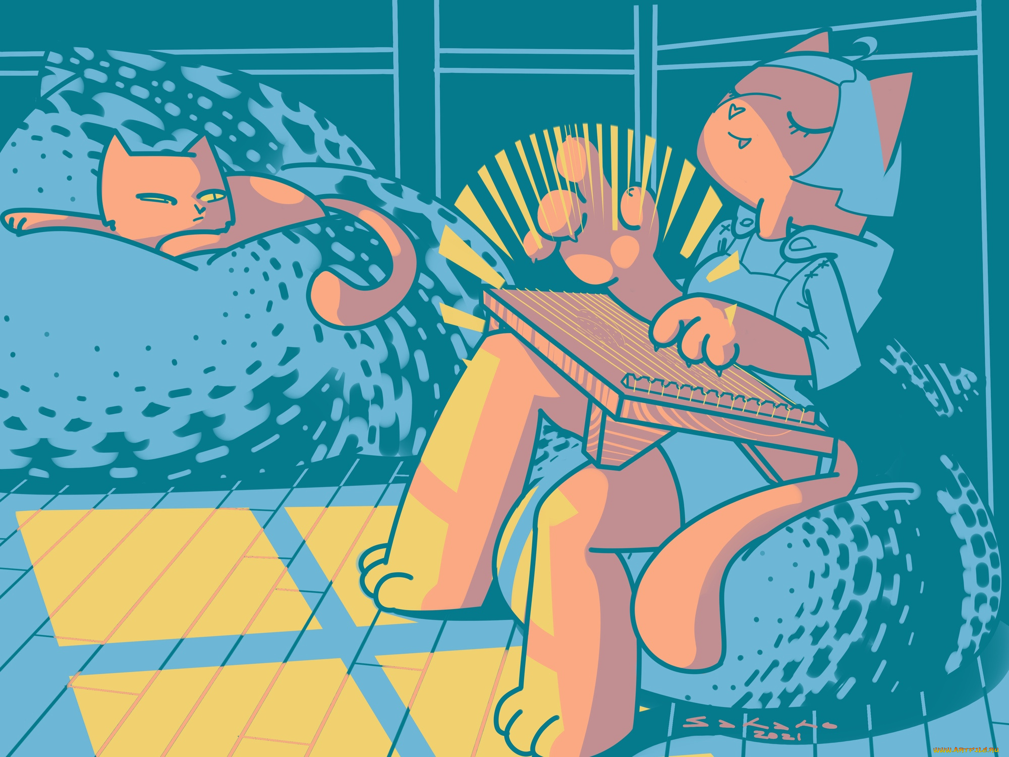 аниме, животные, , существа, кот, неко, инструмент, музыка