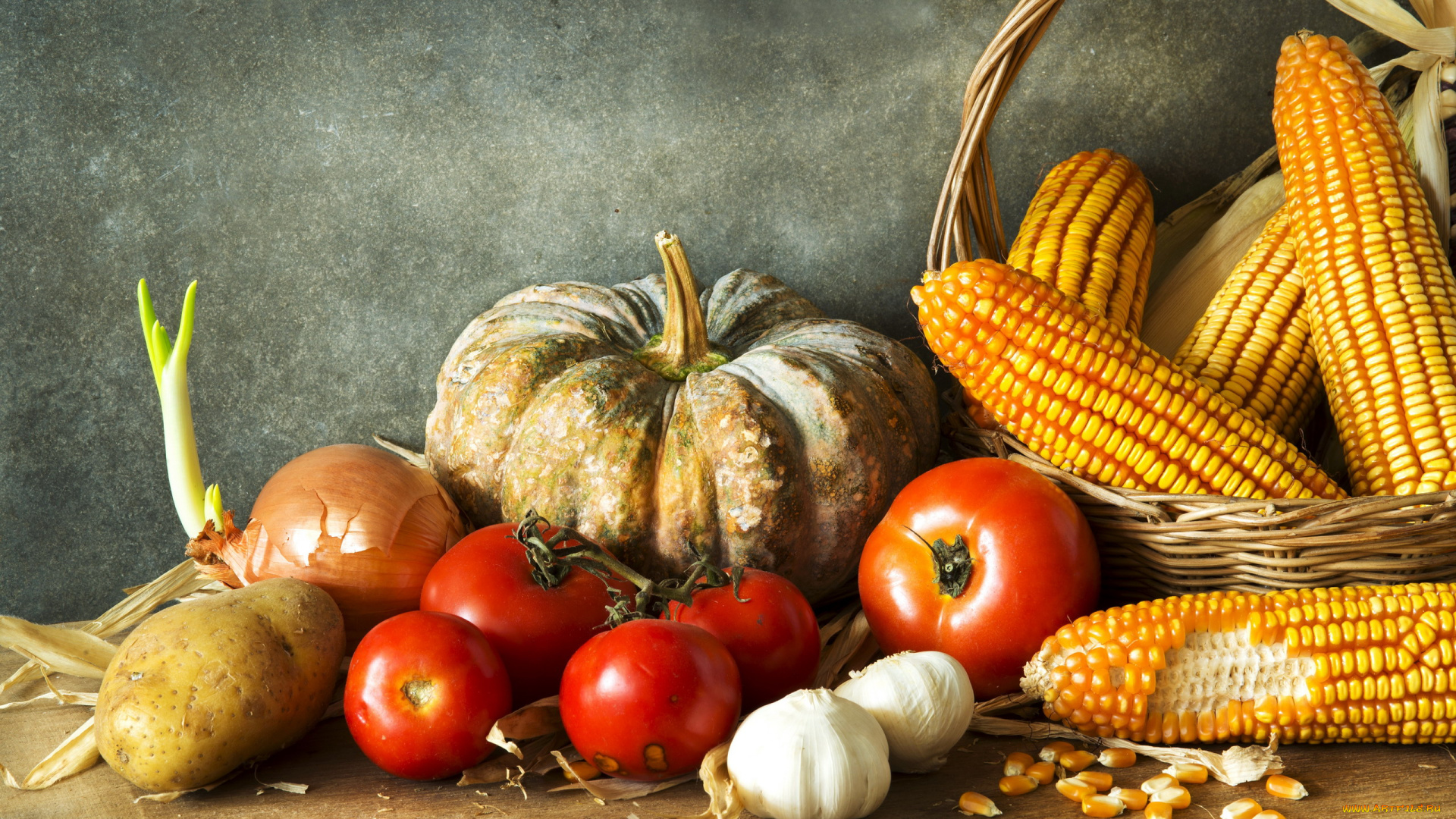 еда, овощи, тыква, лук, чеснок, помидоры, кукуруза, картофель